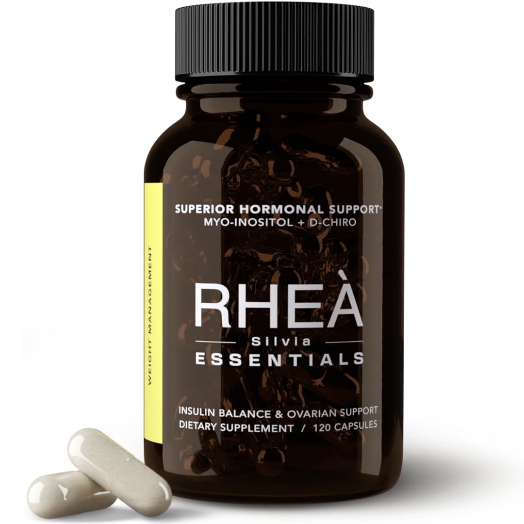 RHEASILVIA Rhea: botella derramando cápsulas para rutina diaria de bienestar hormonal.