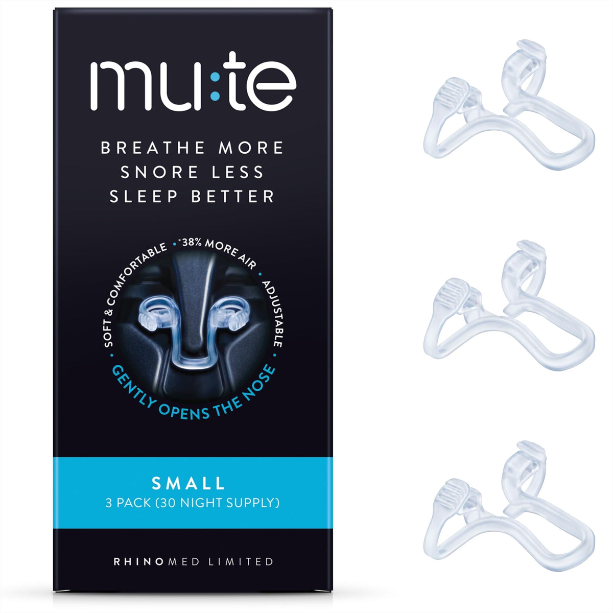 Rhinomed Mute en empaque, dilatadores nasales para probar.