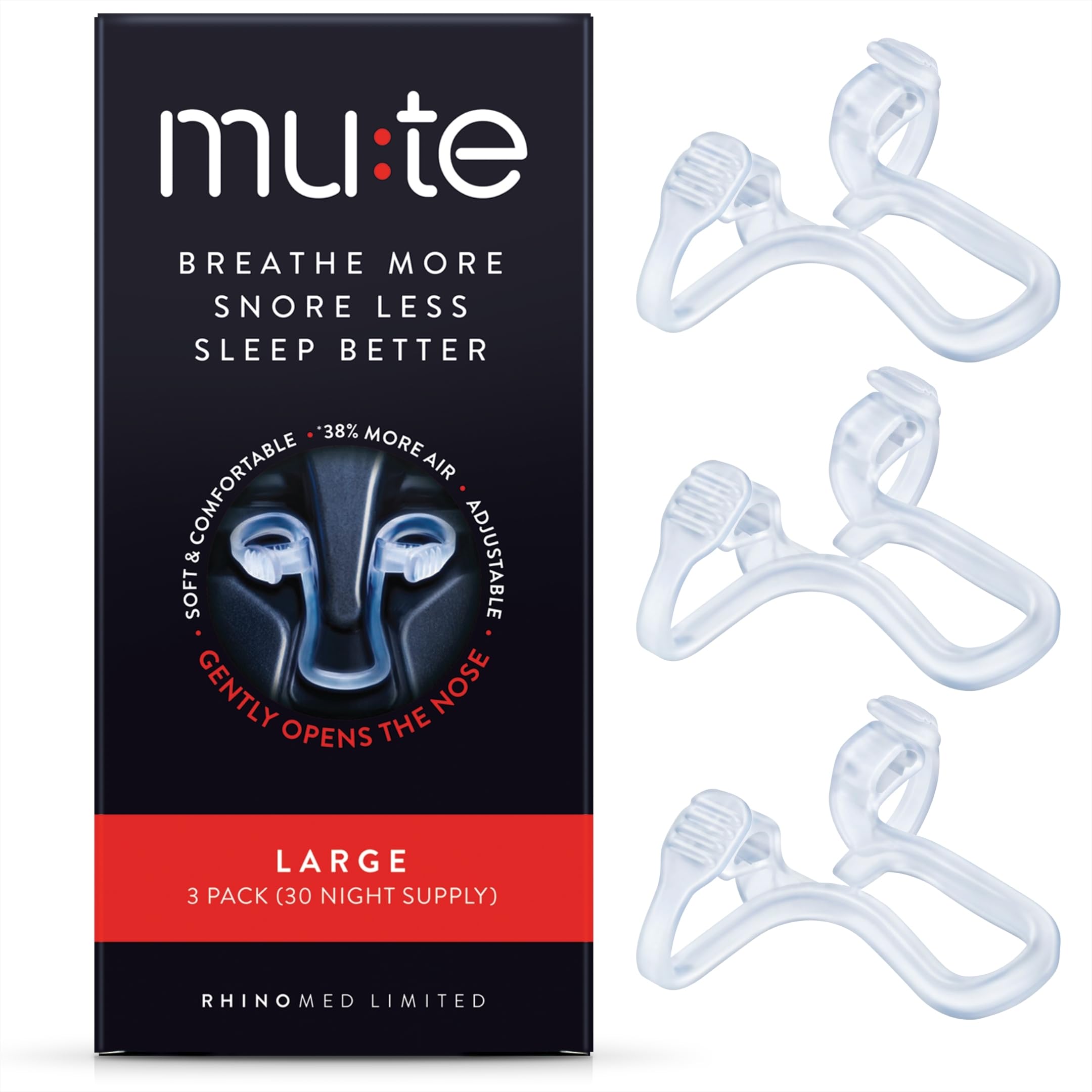 Dilatador nasal Mute de Rhinomed para uso nocturno y reducción del ronquido.
