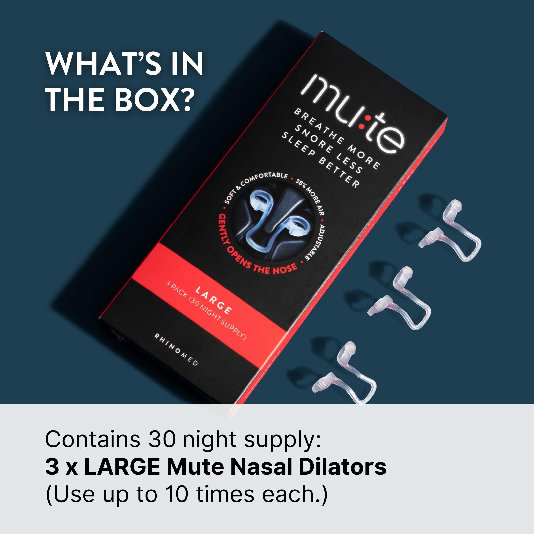 Dilatador nasal Mute de Rhinomed para viaje, sin molestias y uso durante la noche.