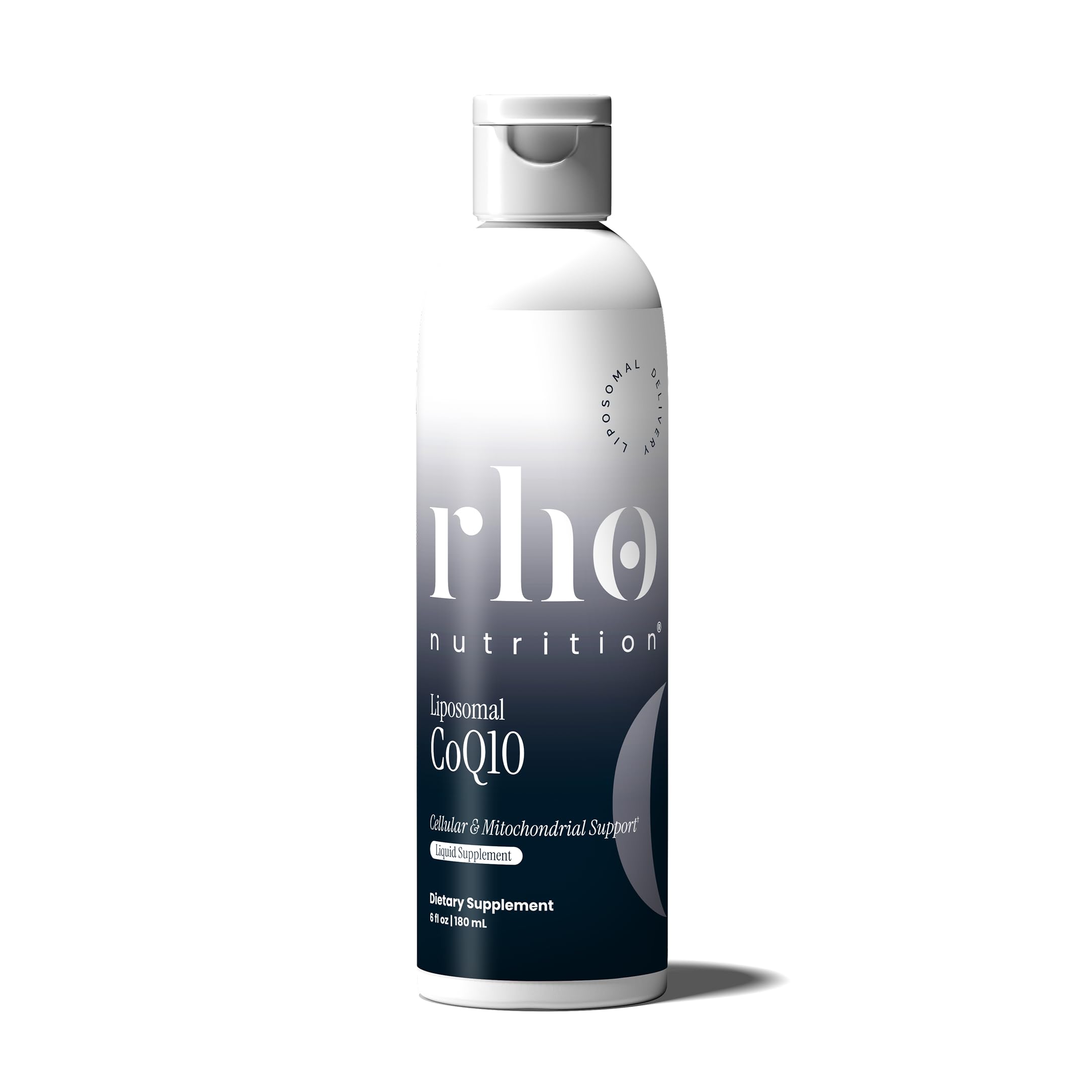 Rho Nutrition CoQ10 liposomal: botella de 6 oz para apoyo cardiovascular diario.