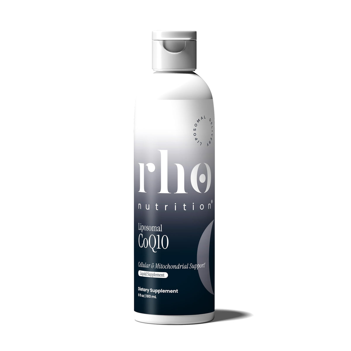 Rho Nutrition CoQ10 liposomal: botella de 6 oz para apoyo cardiovascular diario.