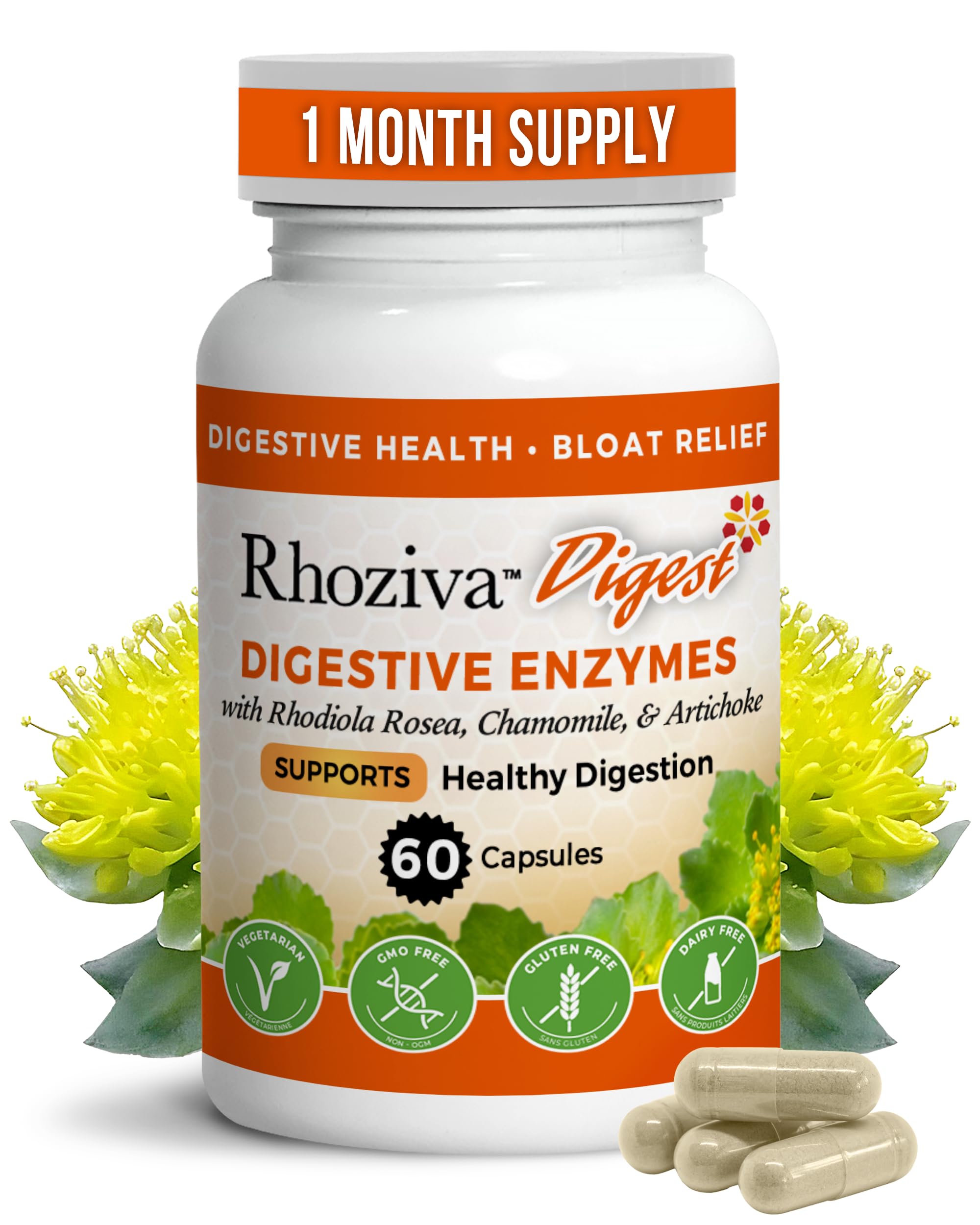 Rhoziva Digest: cápsulas en botella para apoyo digestivo diario.