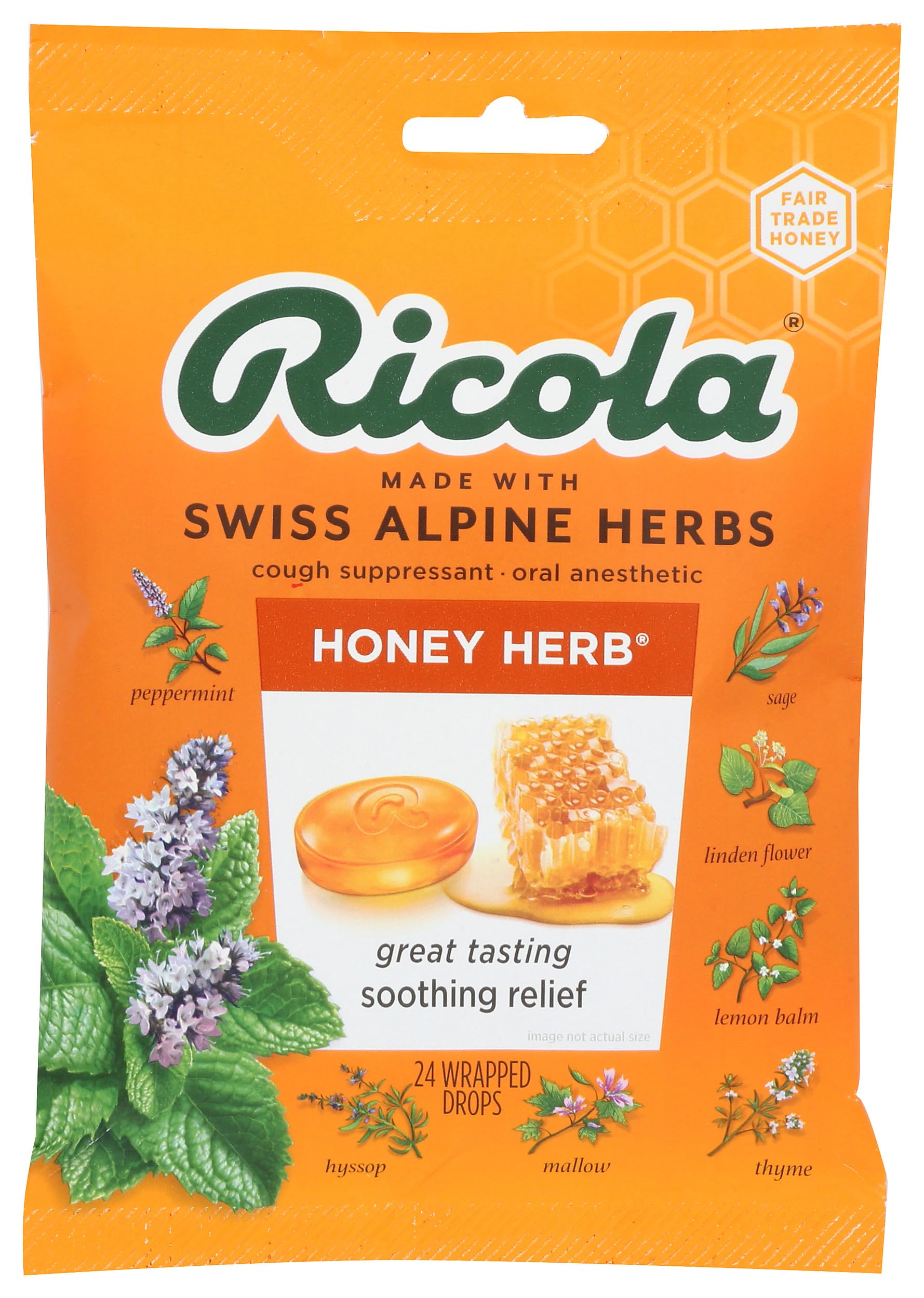 Ricola caramelos miel y hierbas frente de la caja, ideal para calmar irritación leve
