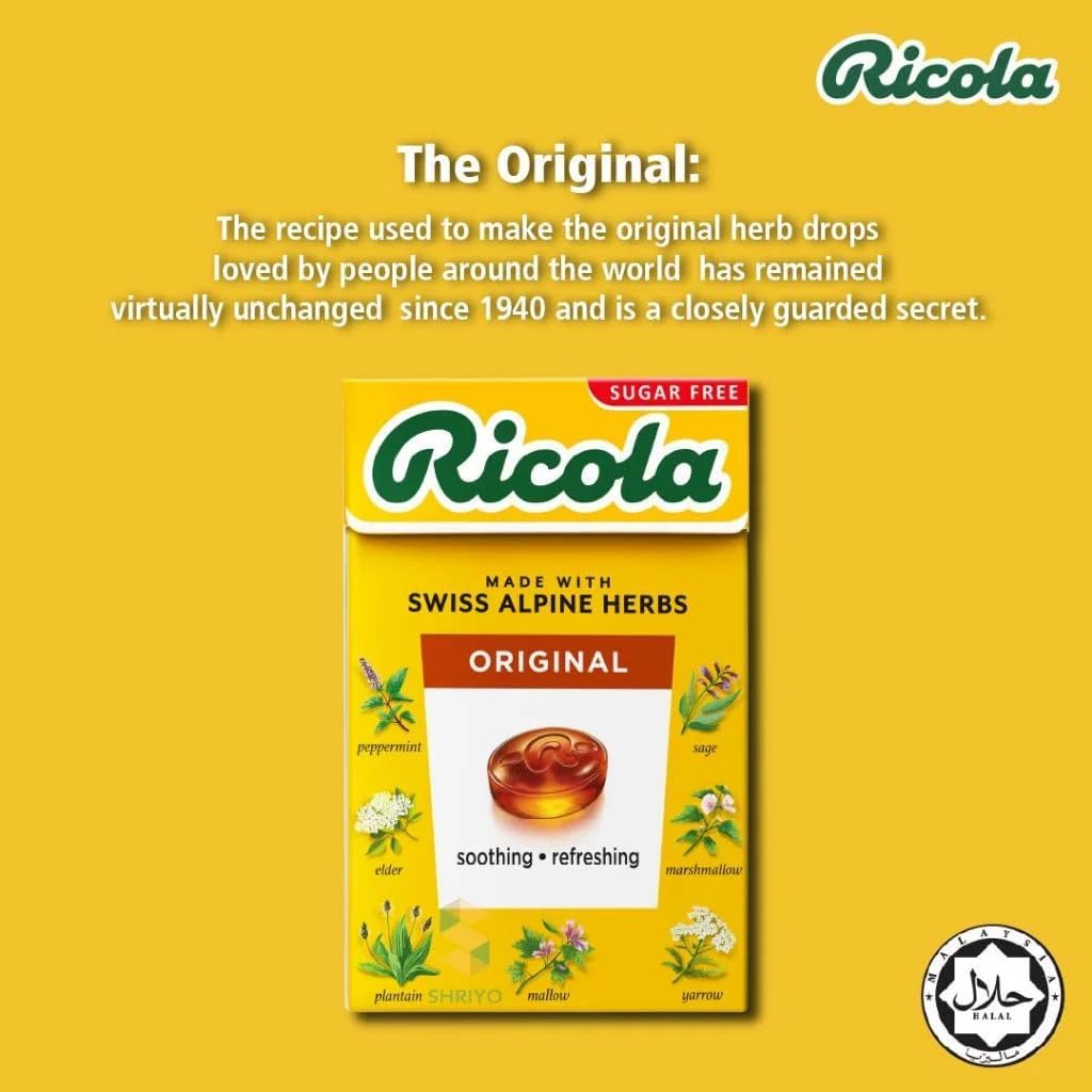 Envase traslúcido de Ricola Drops con hierbas visibles.