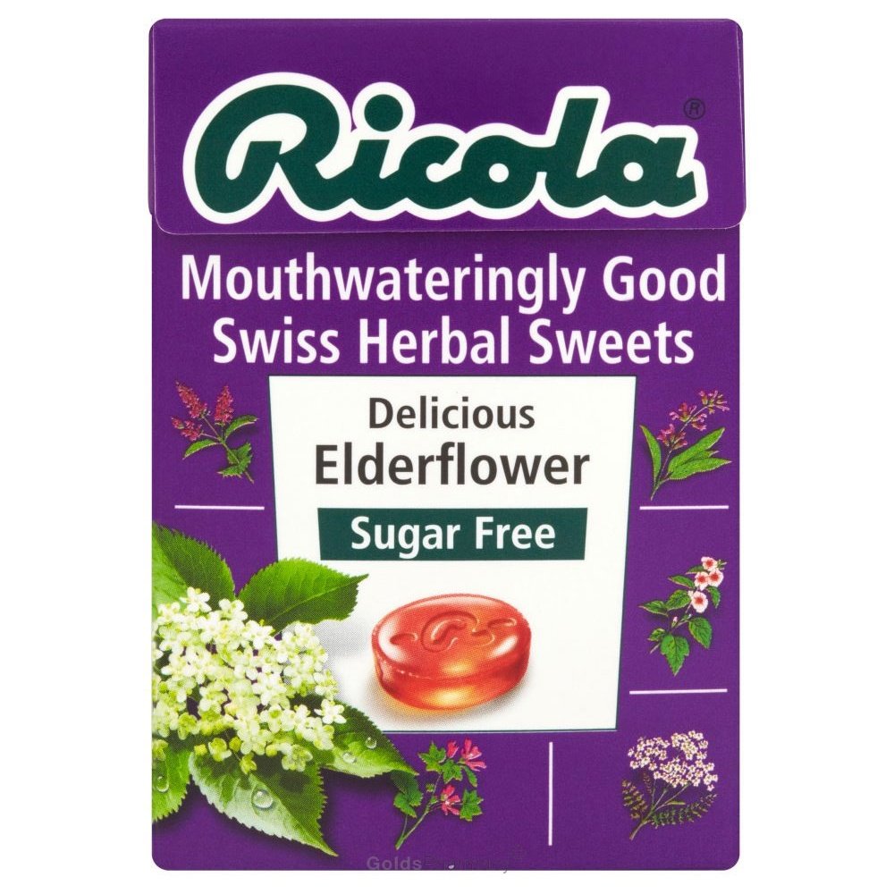 Ricola flor de sauco envase 45 g, sabor herbal suave.