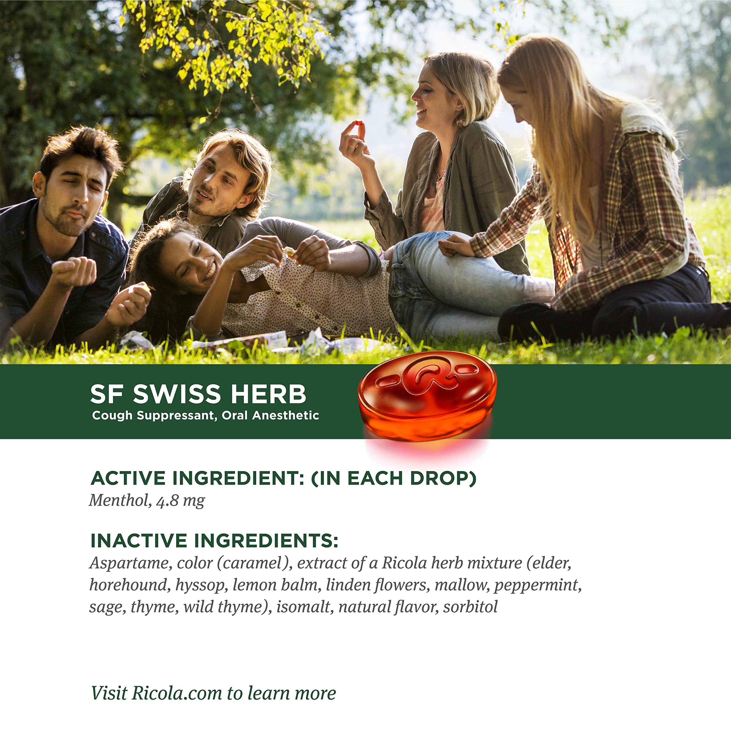 Ricola drops sabor hierbas suizas, experiencia herbal suave.