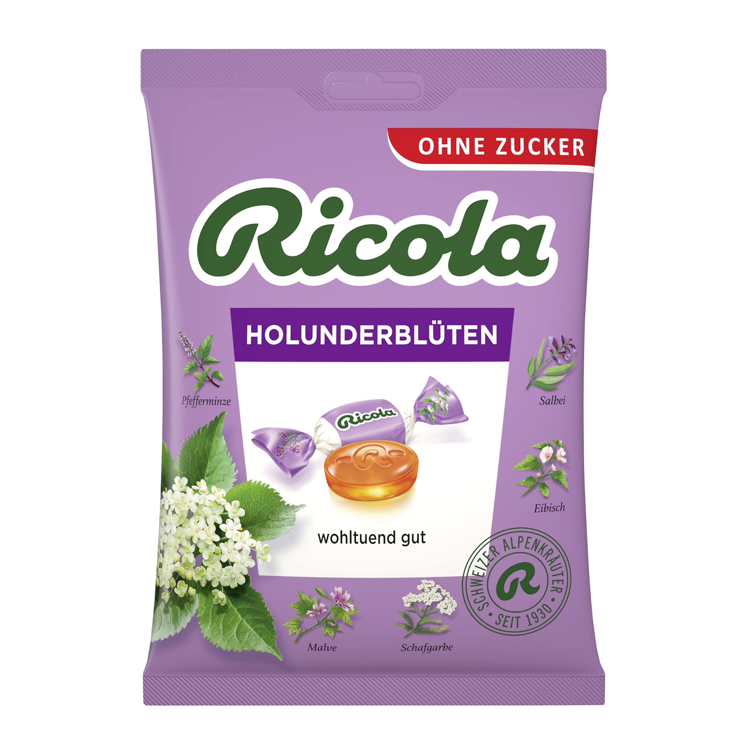 Ricola Flor de Saúco: bolsa de 75 g con caramelos sin colorantes para uso diario