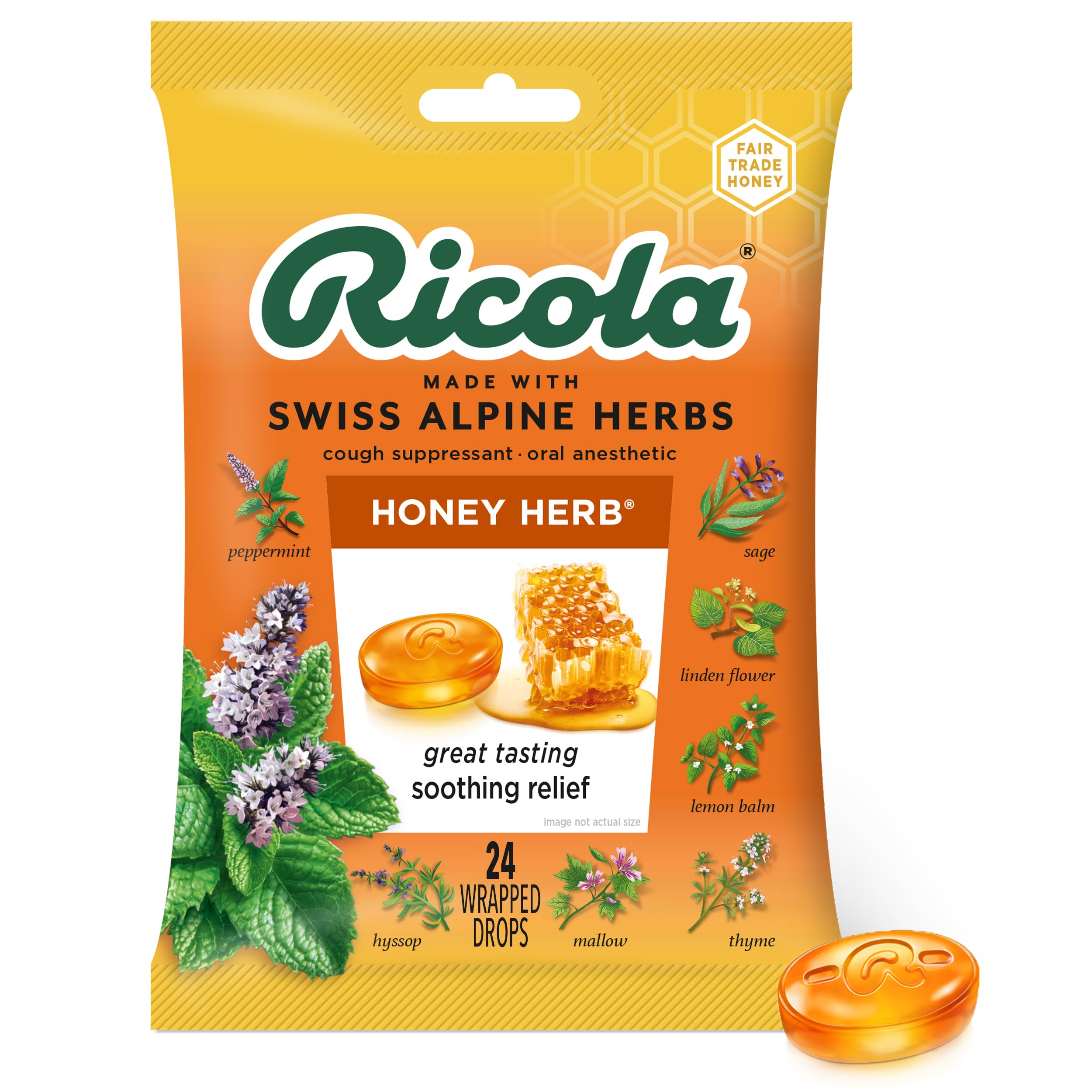Imagen de envase de Ricola con gotas de hierba miel, perfecto para aliviar irritación de garganta.
