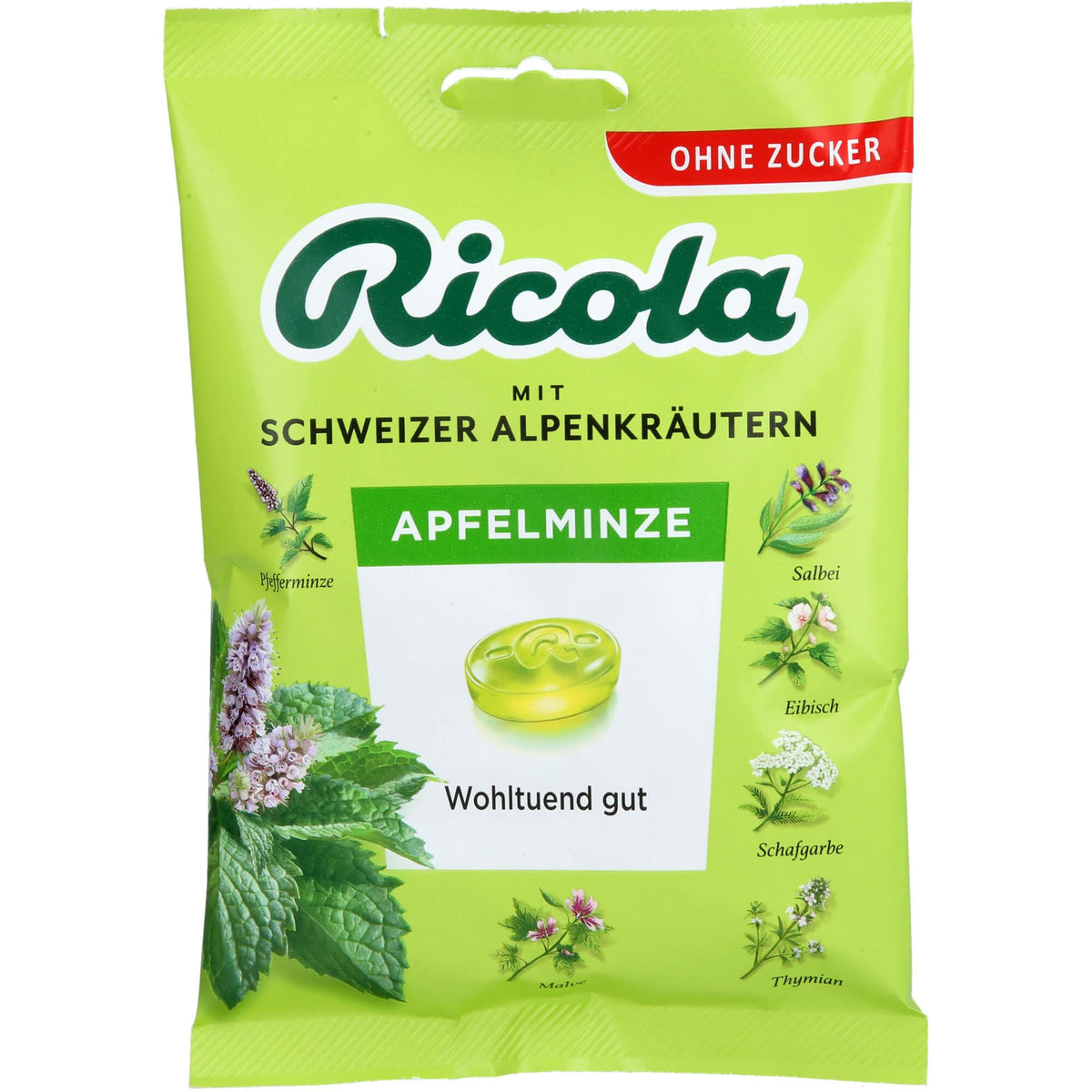 Ricola manzana menta sin azúcar, refrescante para el aliento tras comer.