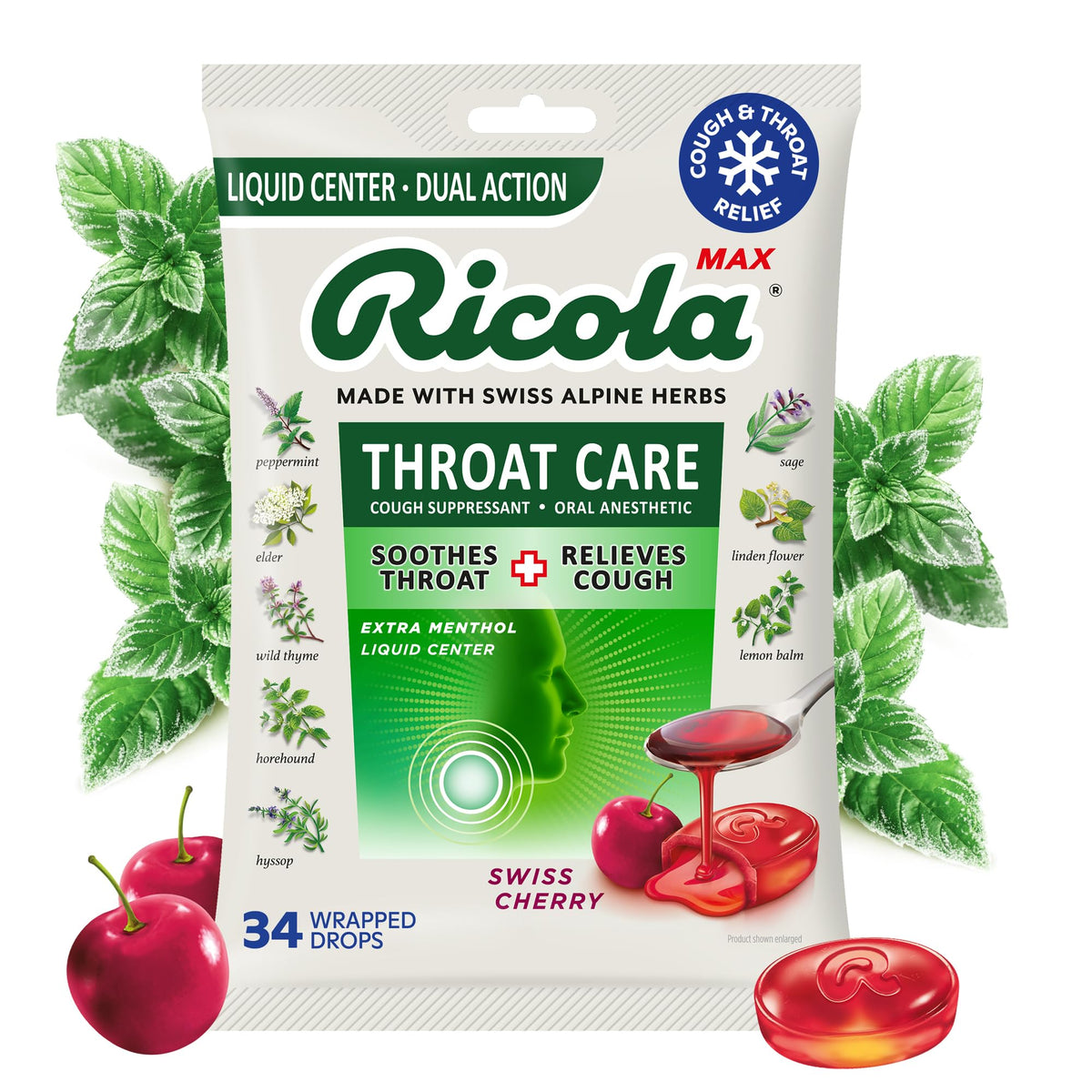 Ricola Max empaque grande cuidado de garganta cereza para uso doméstico