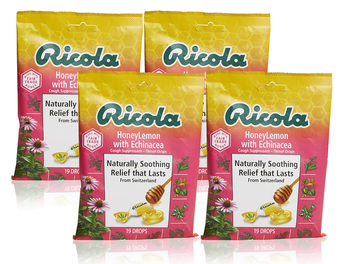 Ricola miel limón con echinácea, empaque visible, sabor herbal reconfortante para la garganta.
