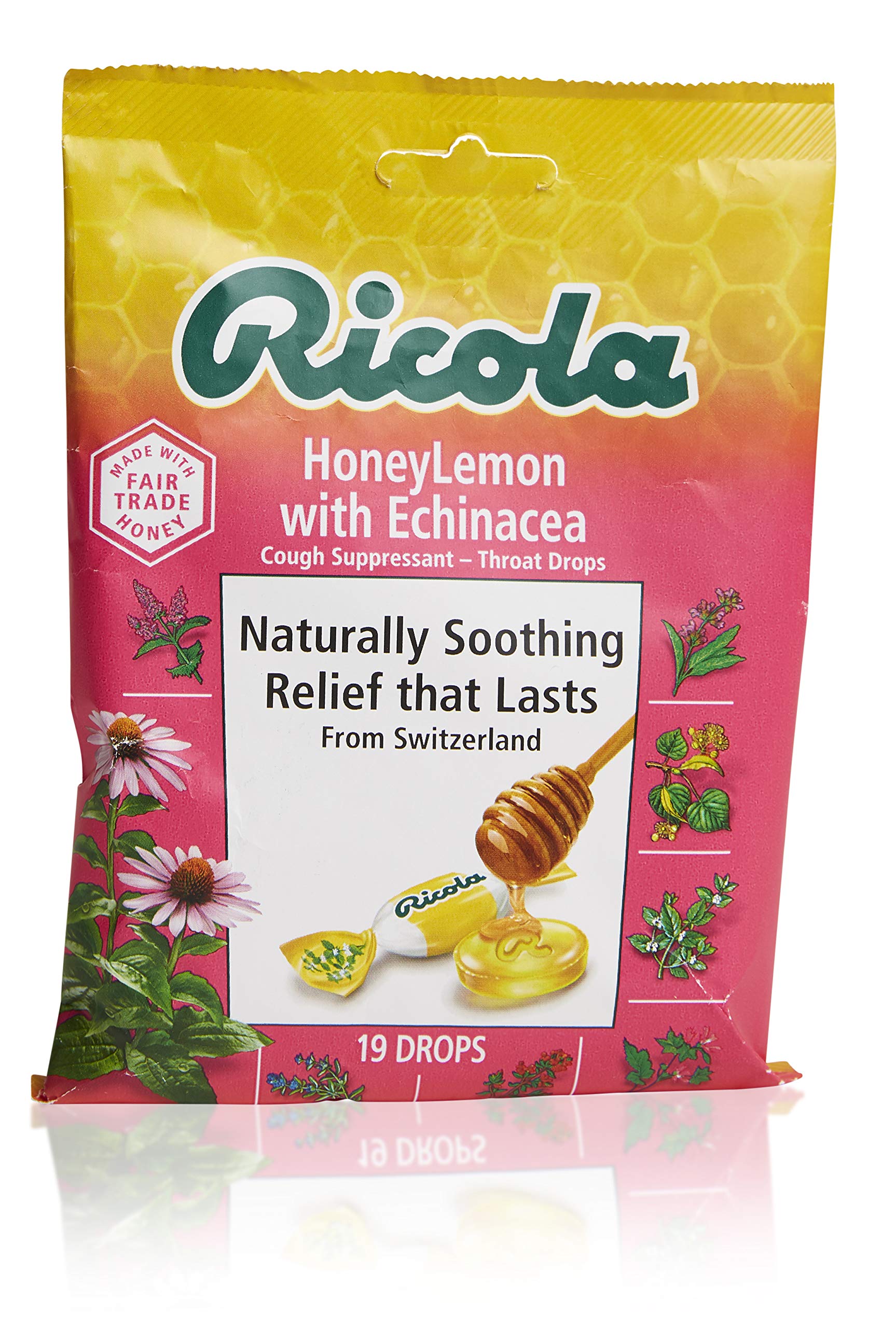 Ricola miel limón con echinácea, pastillas en primer plano, sabor natural para la garganta.