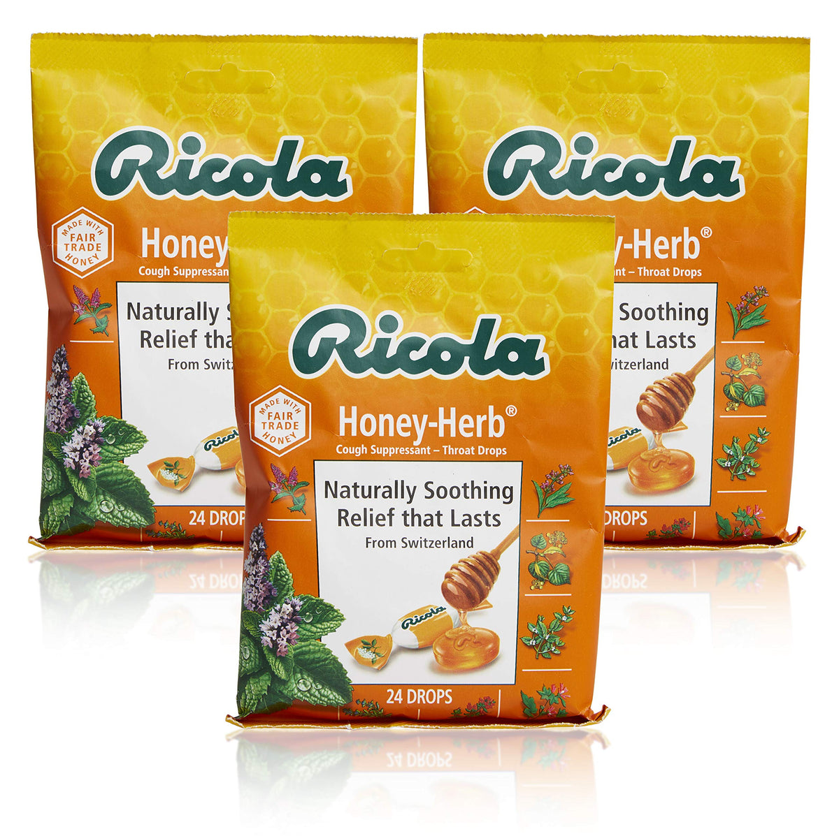 Ricola pastillas de hierbas miel en caja, presentación lista para uso diario.