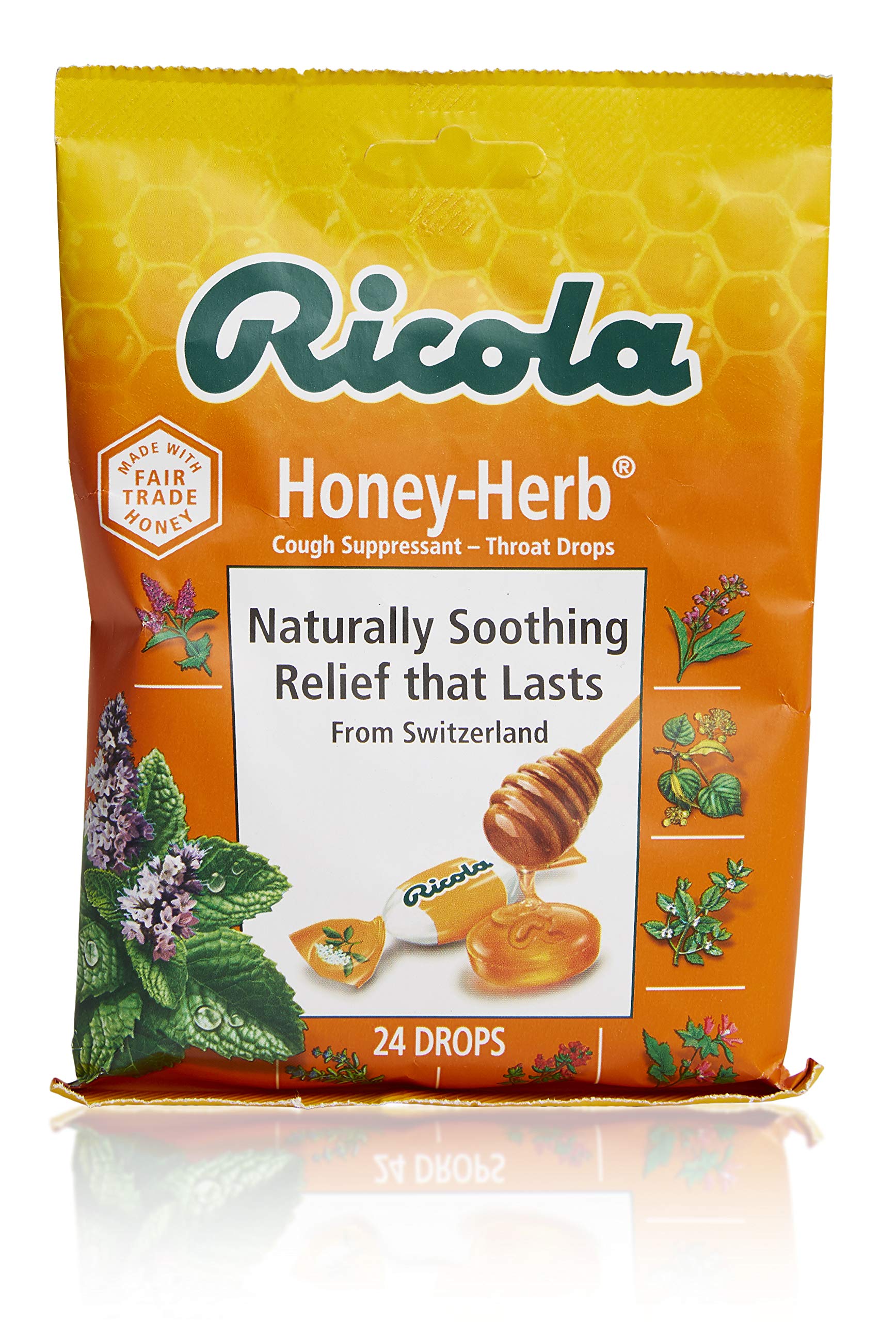 Detalle de la tapa del pack Ricola con pastillas de miel y hierbas.