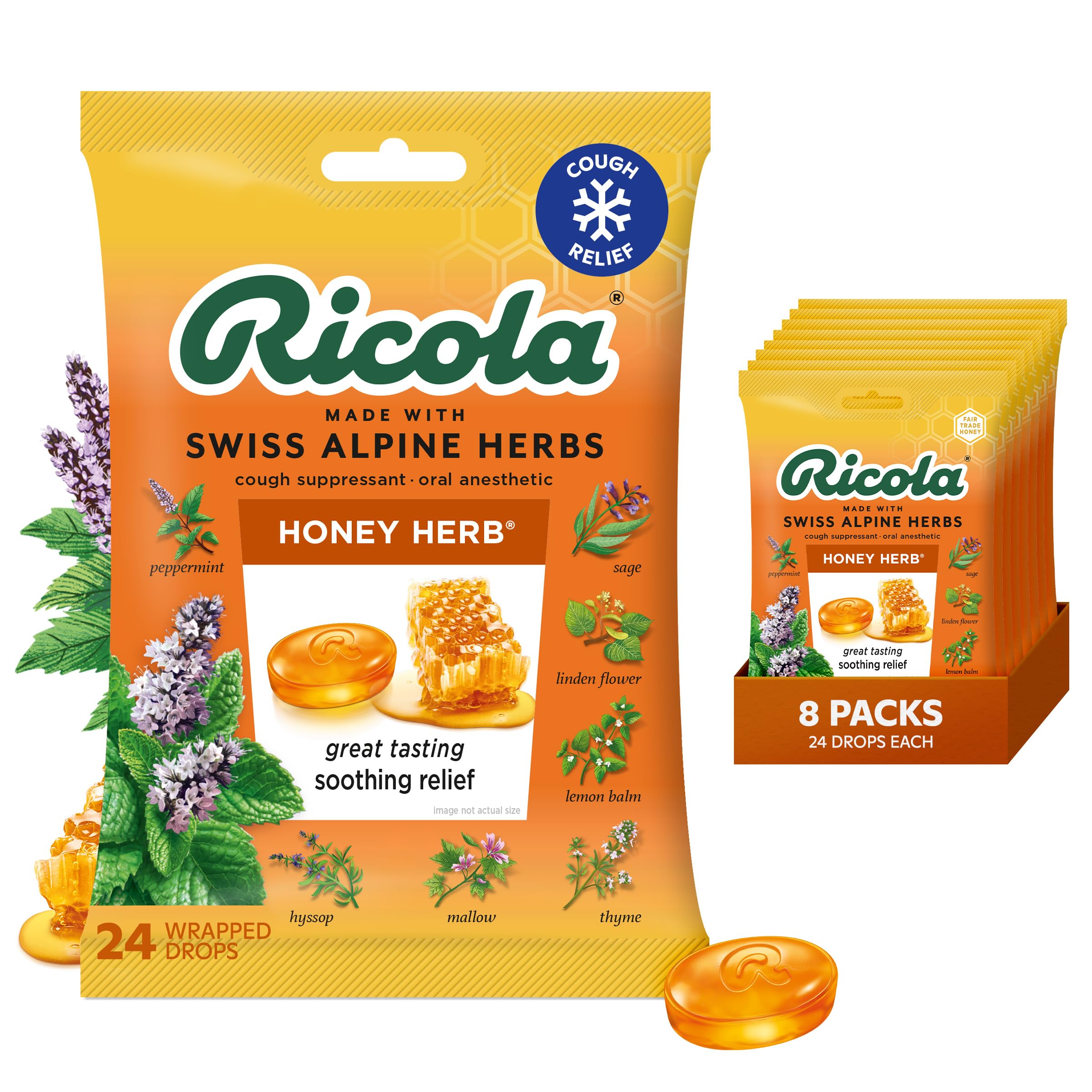Ricola pastillas hierbas miel mentol, empaque listo para uso diario.