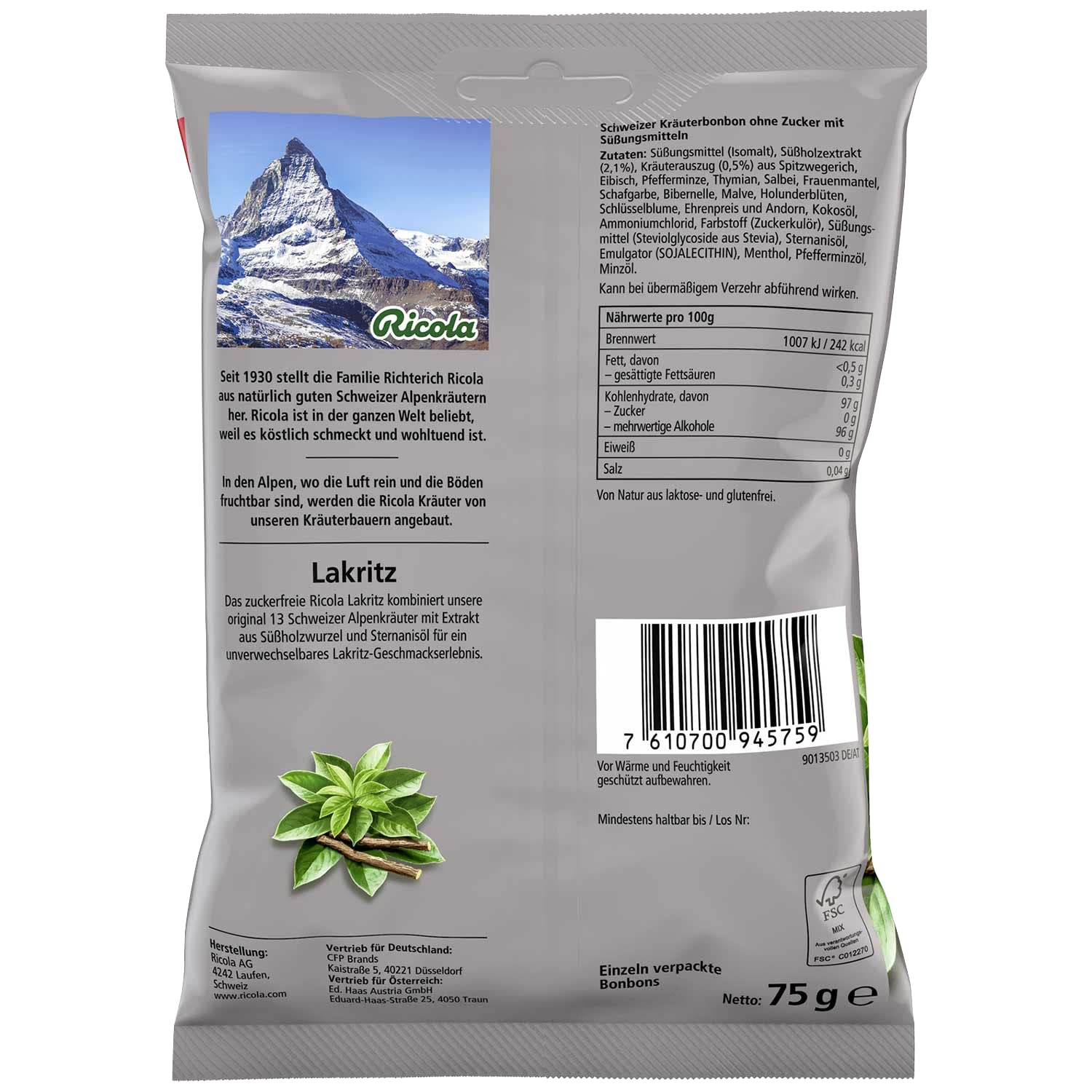 Ricola pastillas sin azúcar, detalle del empaque, aroma regaliz y opción práctica para la garganta.