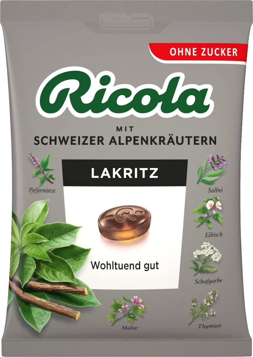 Ricola pastillas sin azúcar, frente del empaque, sabor regaliz suave y uso diario.