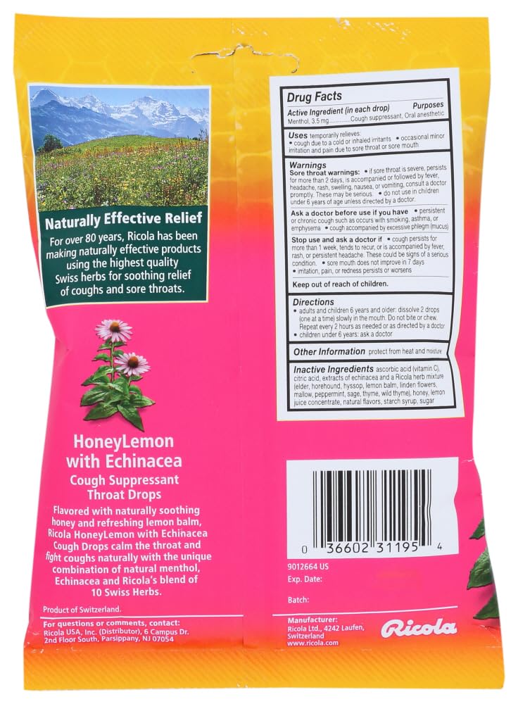 Pastillas Ricola sabor miel-limón para la tos con toque herbal.