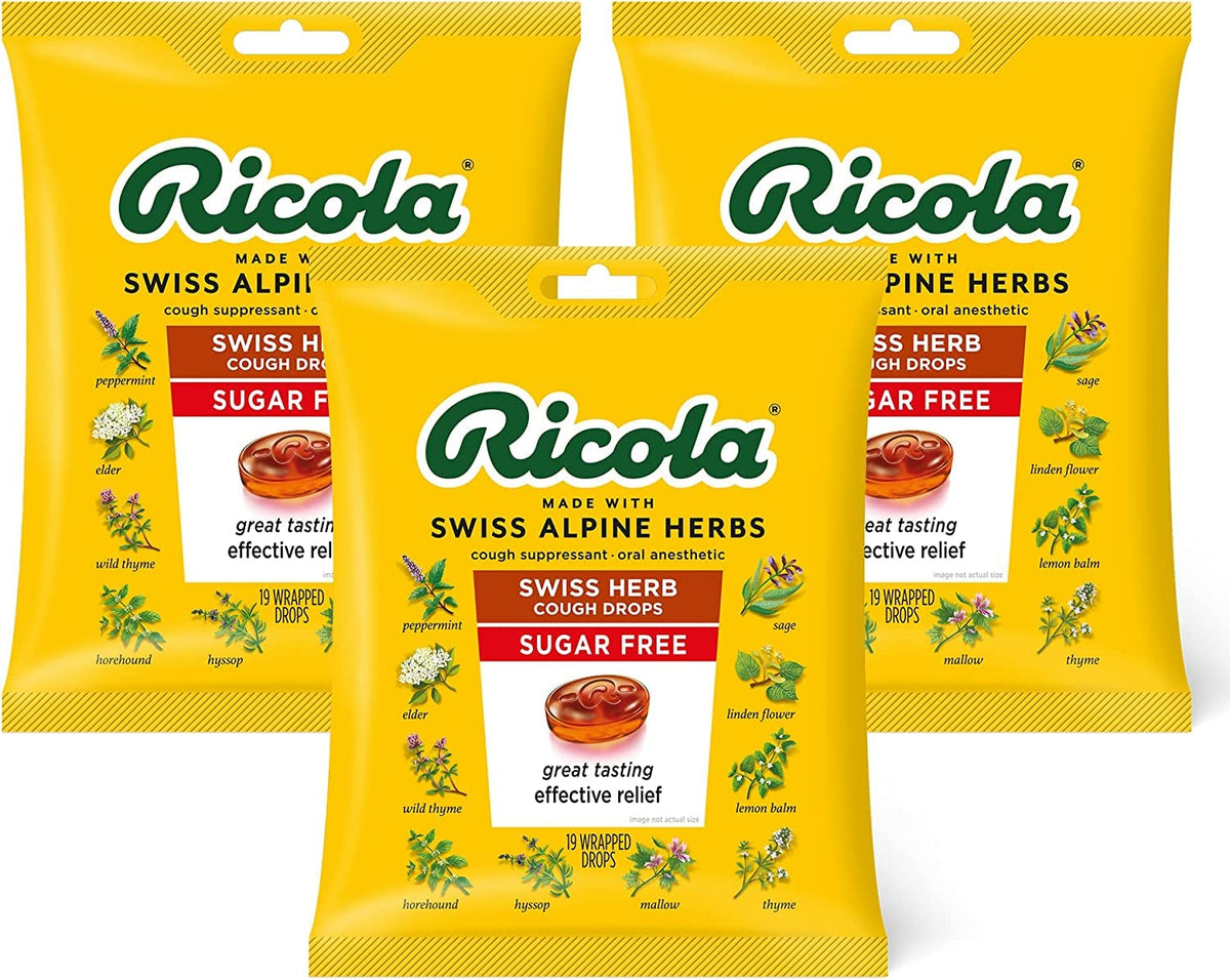Ricola sin azúcar, empaque de hierbas montañosas, alivio suave para la tos ocasional.