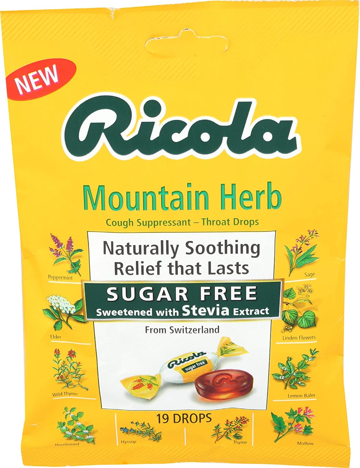 Ricola sin azúcar, tres paquetes visibles, opción conveniente para la tos.