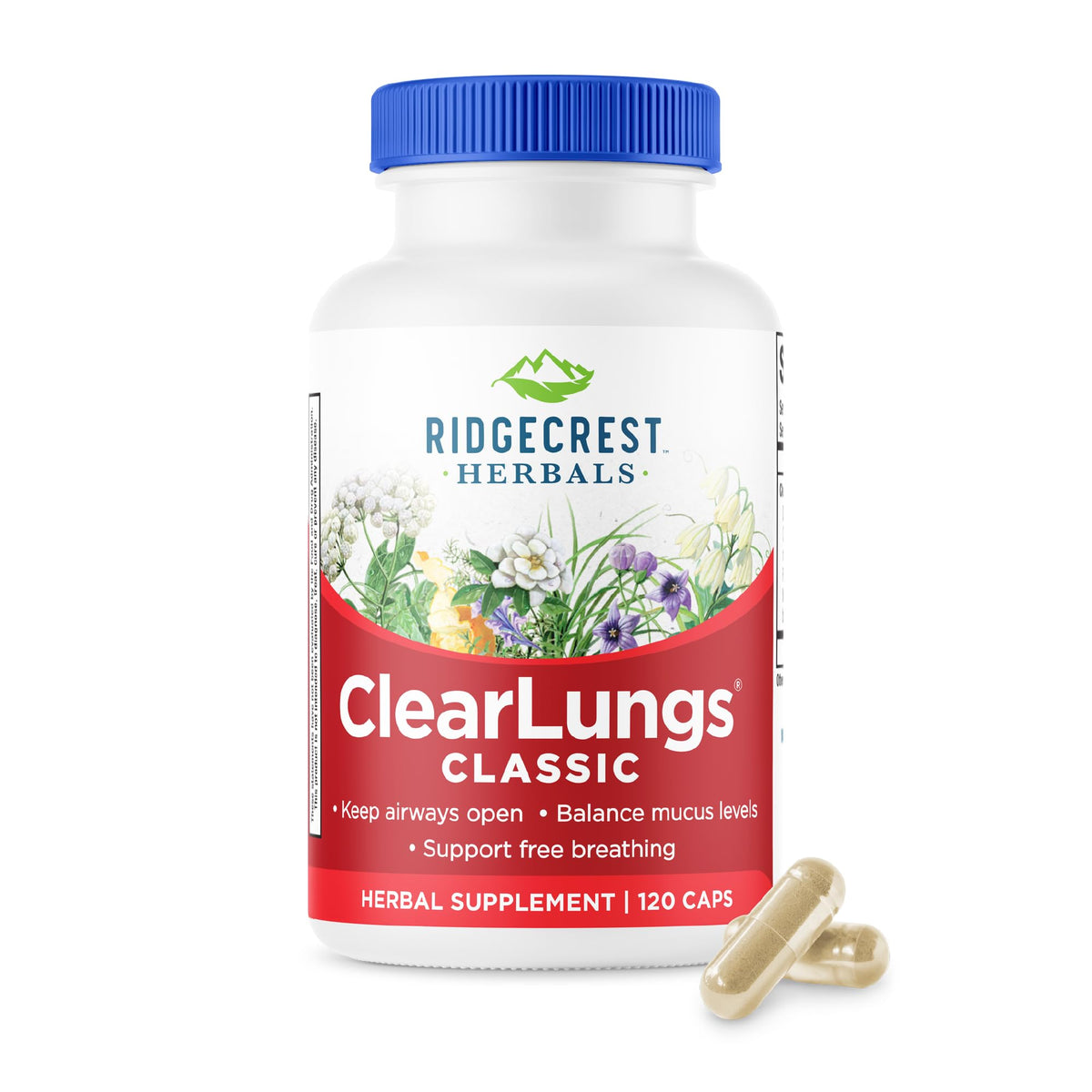 RidgeCrest ClearLungs Classic frasco exterior con descripción de beneficios para apoyar la respiración
