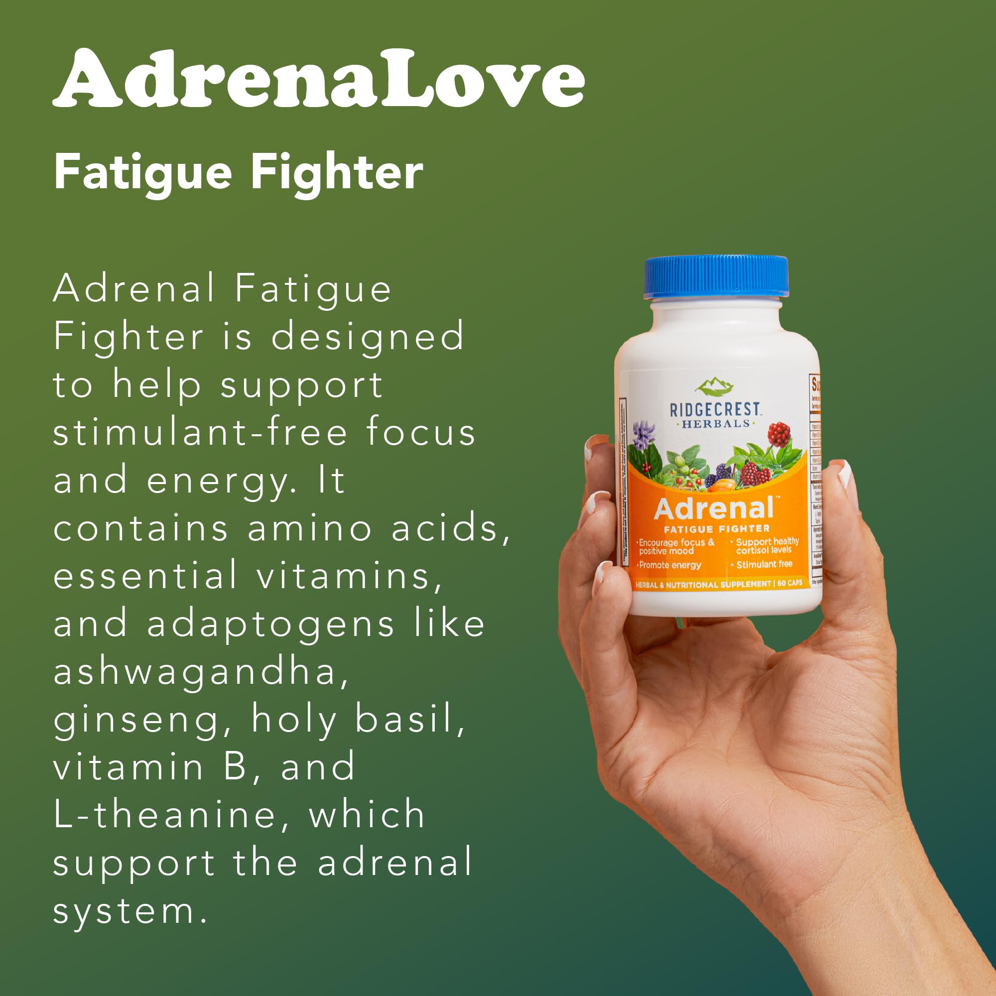 RidgeCrest AdrenaLove: etiqueta detallada que resalta ingredientes naturales
