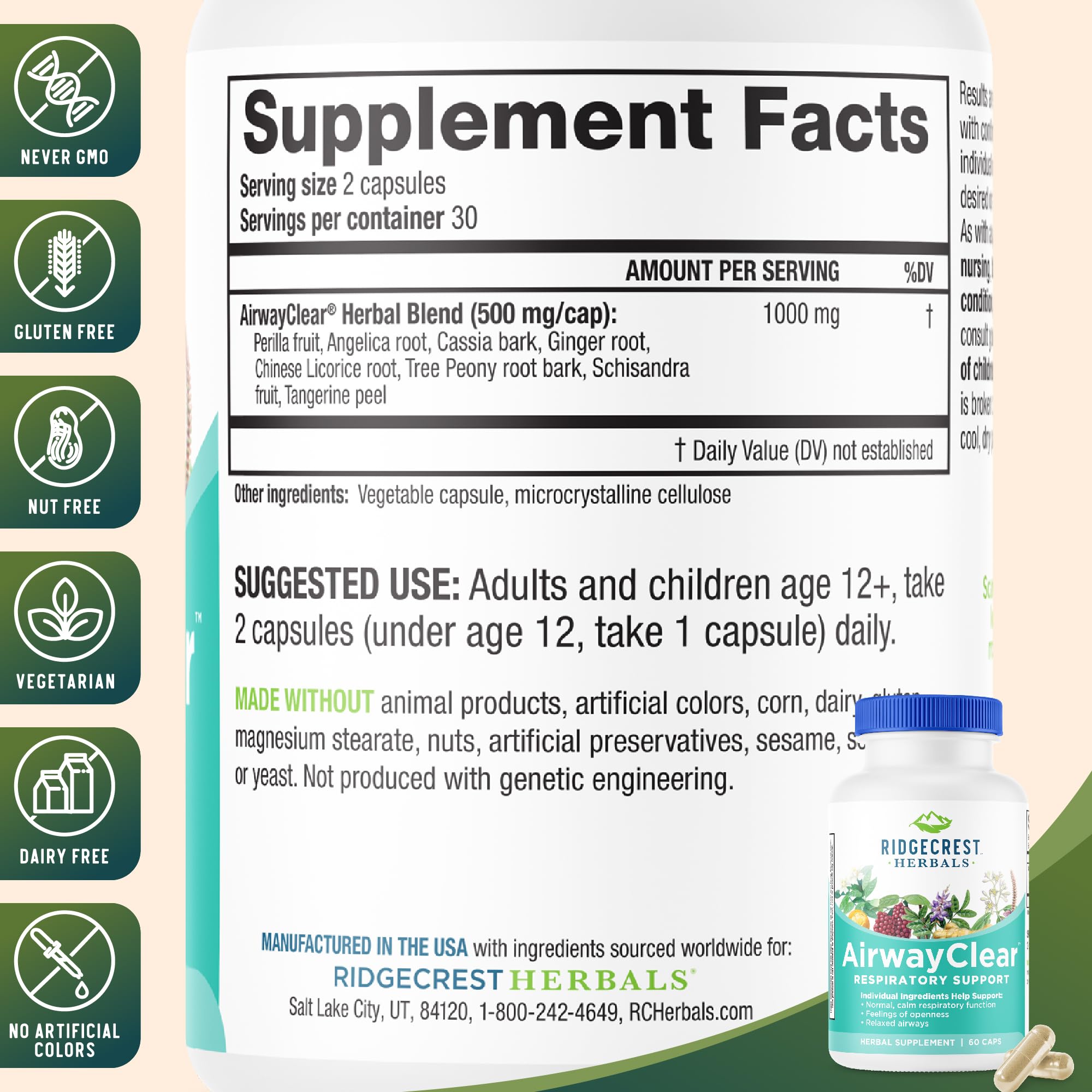 RidgeCrest AirwayClear: cápsulas veganas para uso diario sin gluten.