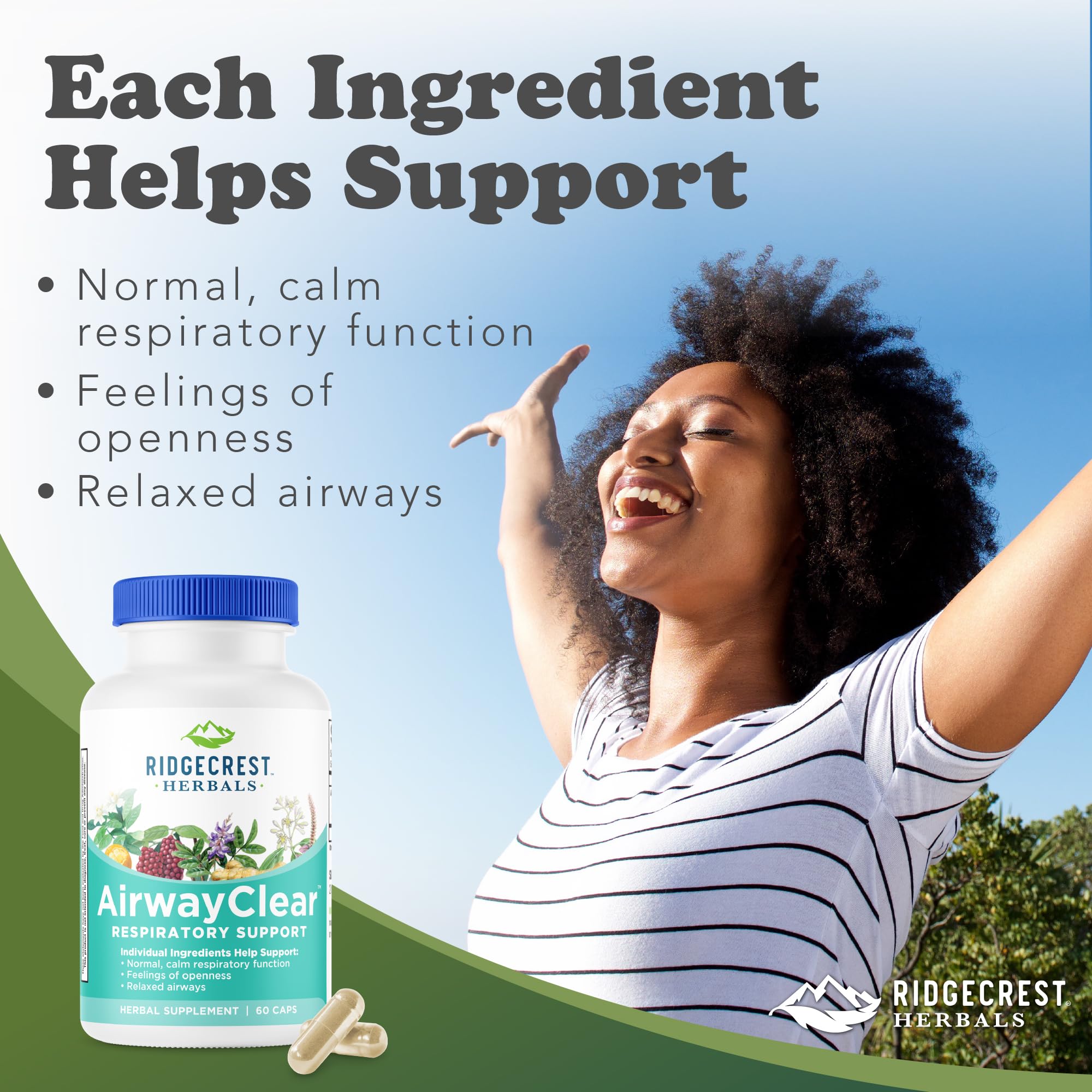 RidgeCrest AirwayClear: ingredientes clave como Perilla y Jengibre para respiración.