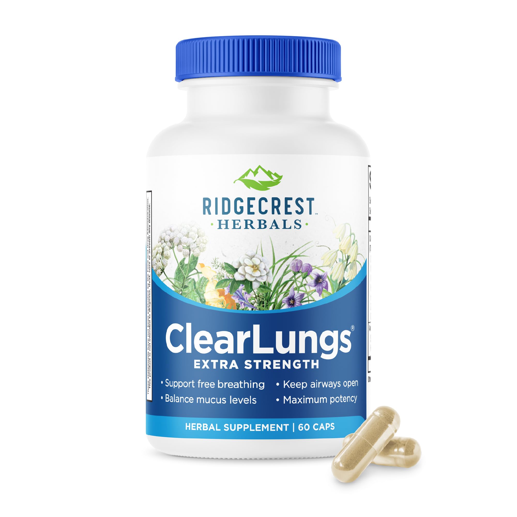 RidgeCrest ClearLungs botella frontal para uso diario de bienestar respiratorio.