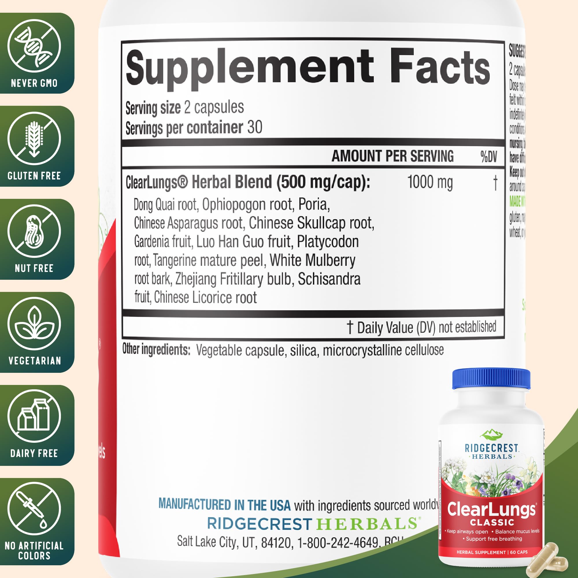 RidgeCrest ClearLungs Classic, ingredientes naturales: combinación para la salud pulmonar diaria