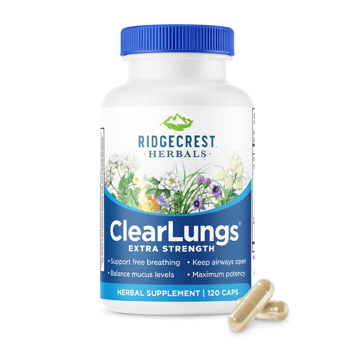 RidgeCrest ClearLungs Extra Strength envase frontal para uso diario posible apoyo respiratorio