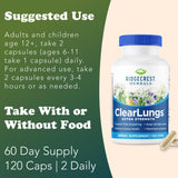 Etiqueta del producto RidgeCrest ClearLungs Extra Strength destacando ingredientes naturales