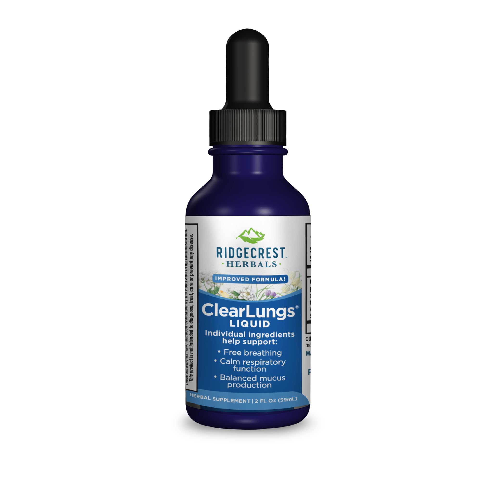 RidgeCrest ClearLungs en frasco con etiqueta naranja, líquido sin alcohol.