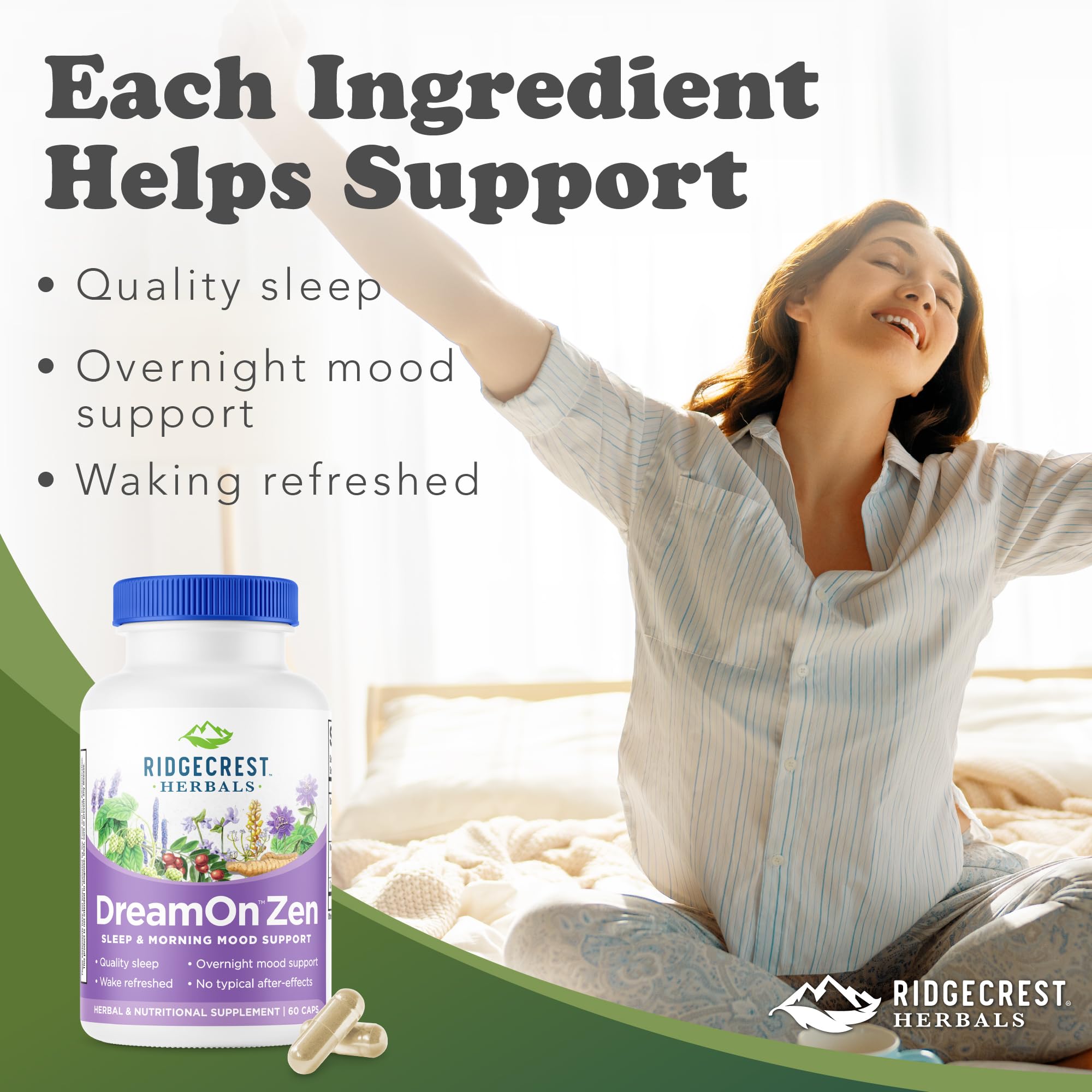 RidgeCrest DreamOn Zen: etiqueta natural que destaca una fórmula suave para dormir