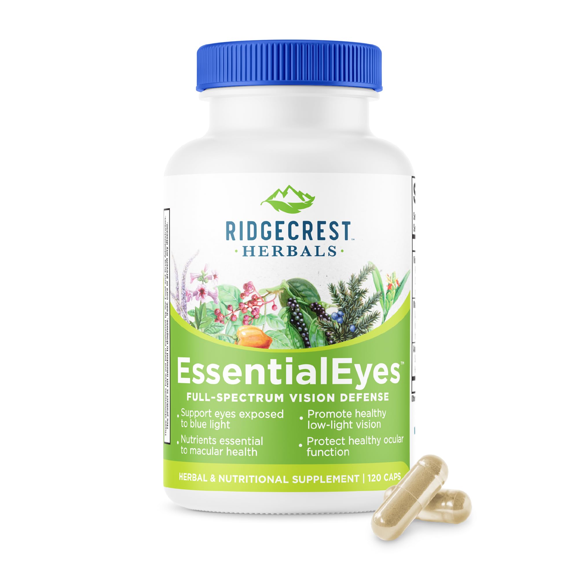 Ridgecrest EssentialEyes: botella de cápsulas veganas para salud ocular diaria.