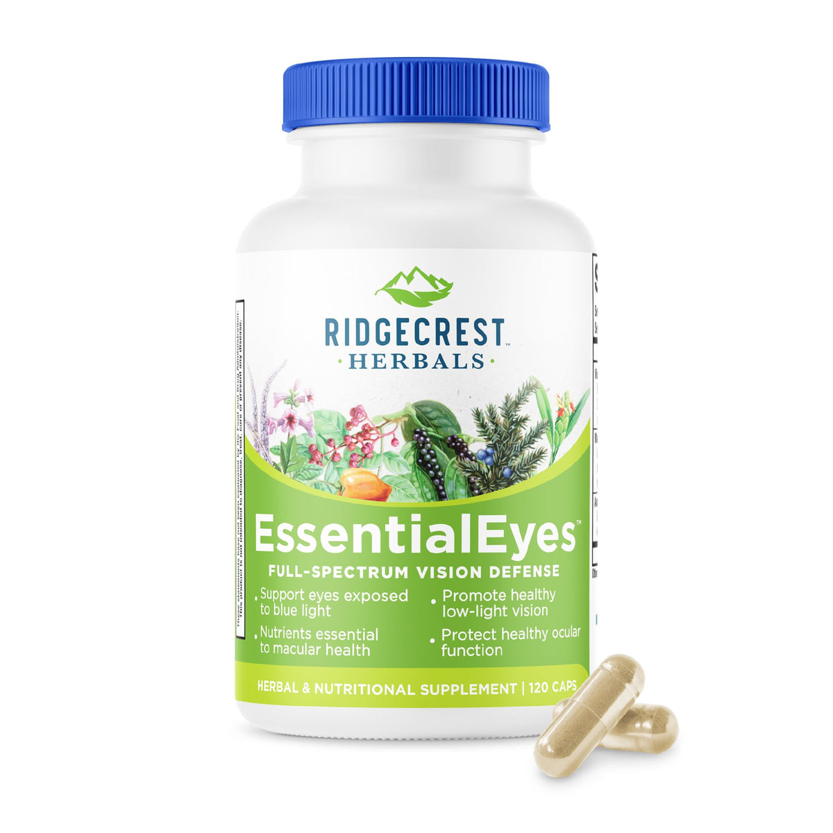 Ridgecrest EssentialEyes: botella de cápsulas veganas para salud ocular diaria.