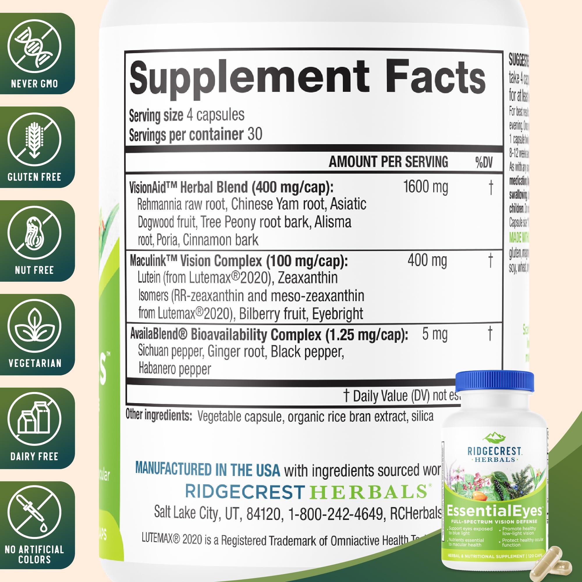 Ridgecrest EssentialEyes: caja externa protege la fórmula herbal para los ojos.