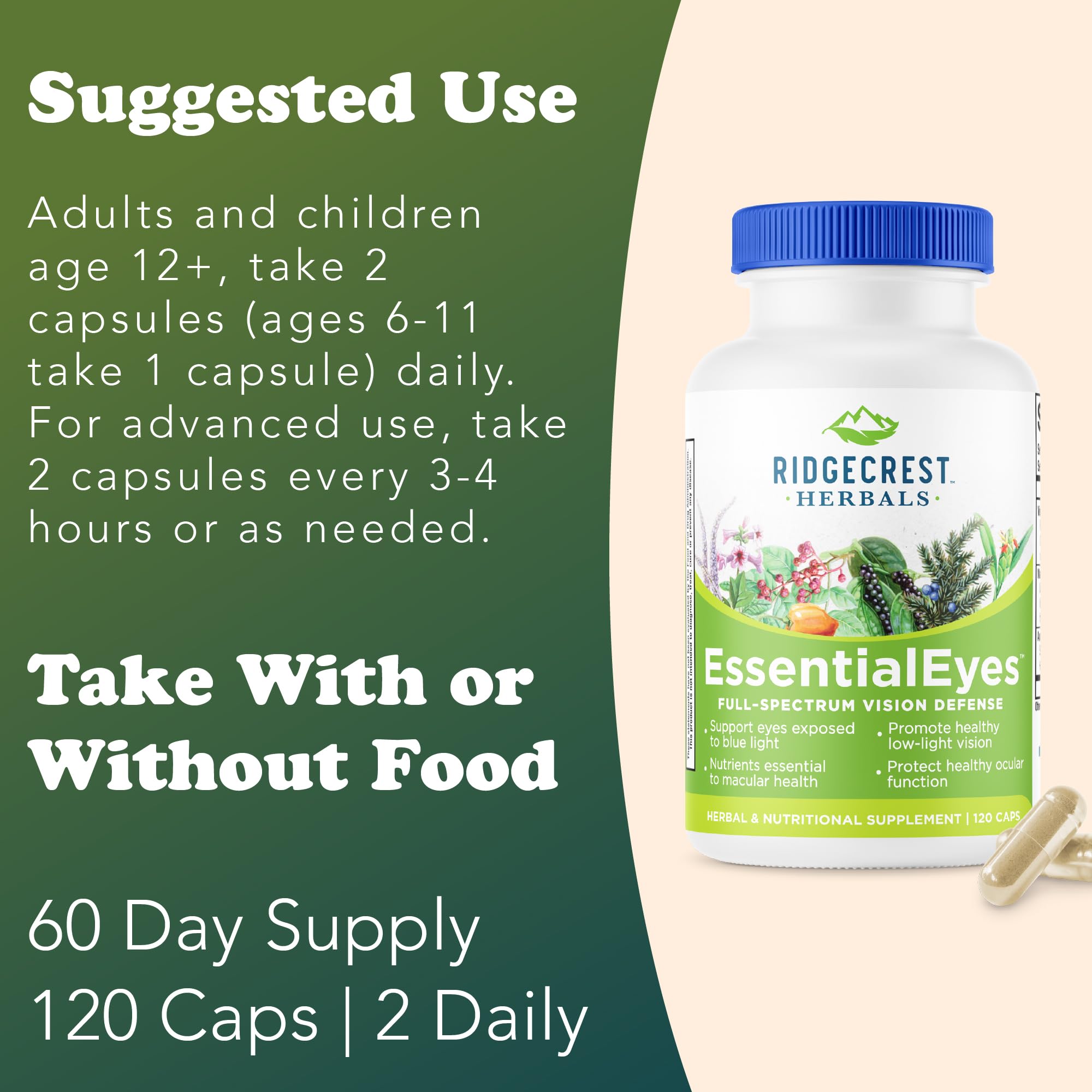 Ridgecrest EssentialEyes: detalle de ingredientes naturales para el cuidado ocular.