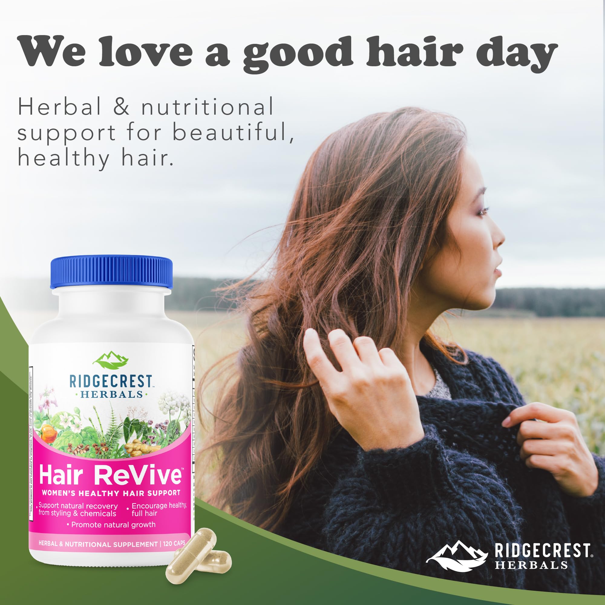 RidgeCrest Hair ReVive: envase detalle mostrando tamaño de 120 cápsulas.