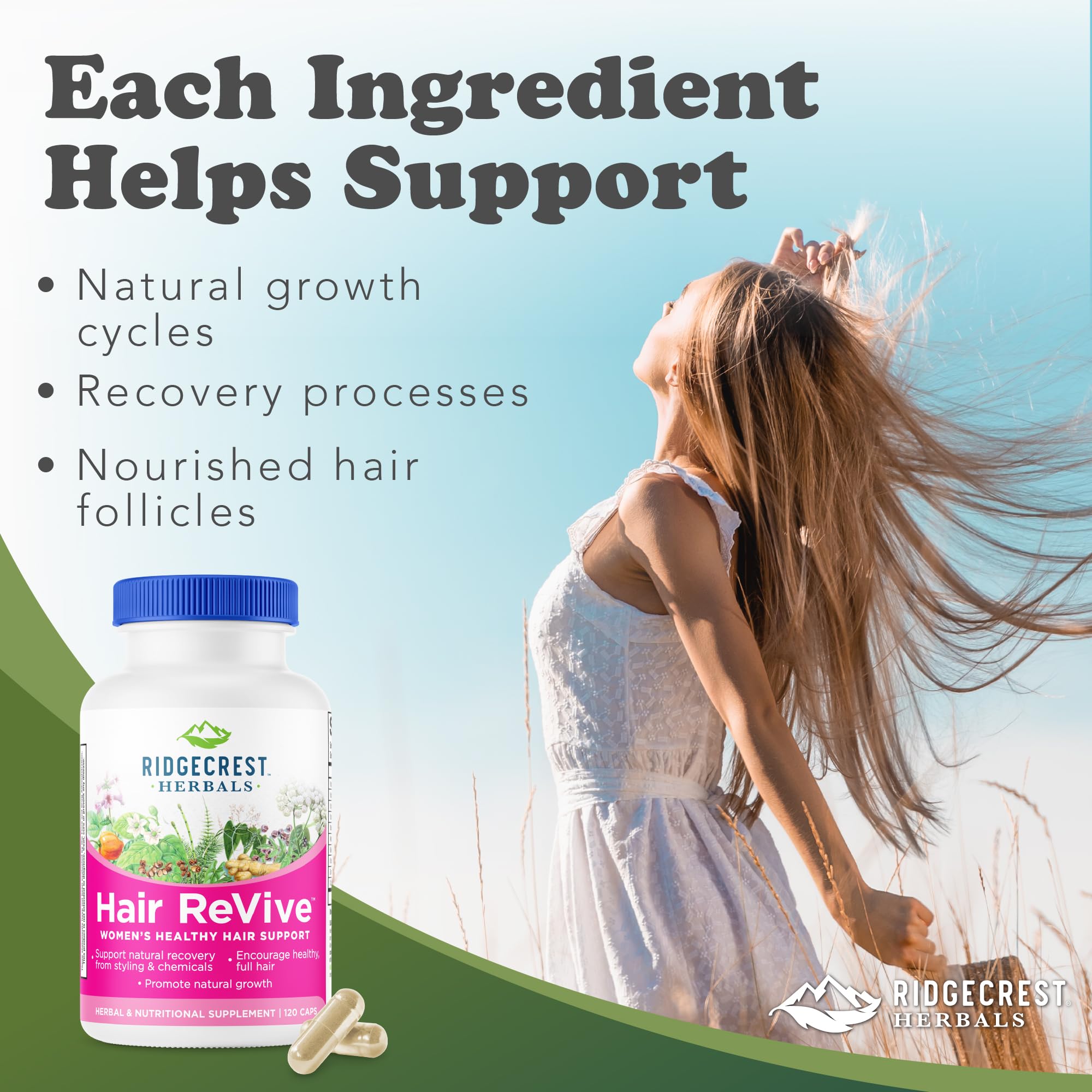 RidgeCrest Hair ReVive: etiqueta frontal con información de nutrientes para cabellera sana.