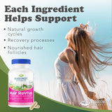 RidgeCrest Hair ReVive: etiqueta frontal con información de nutrientes para cabellera sana.