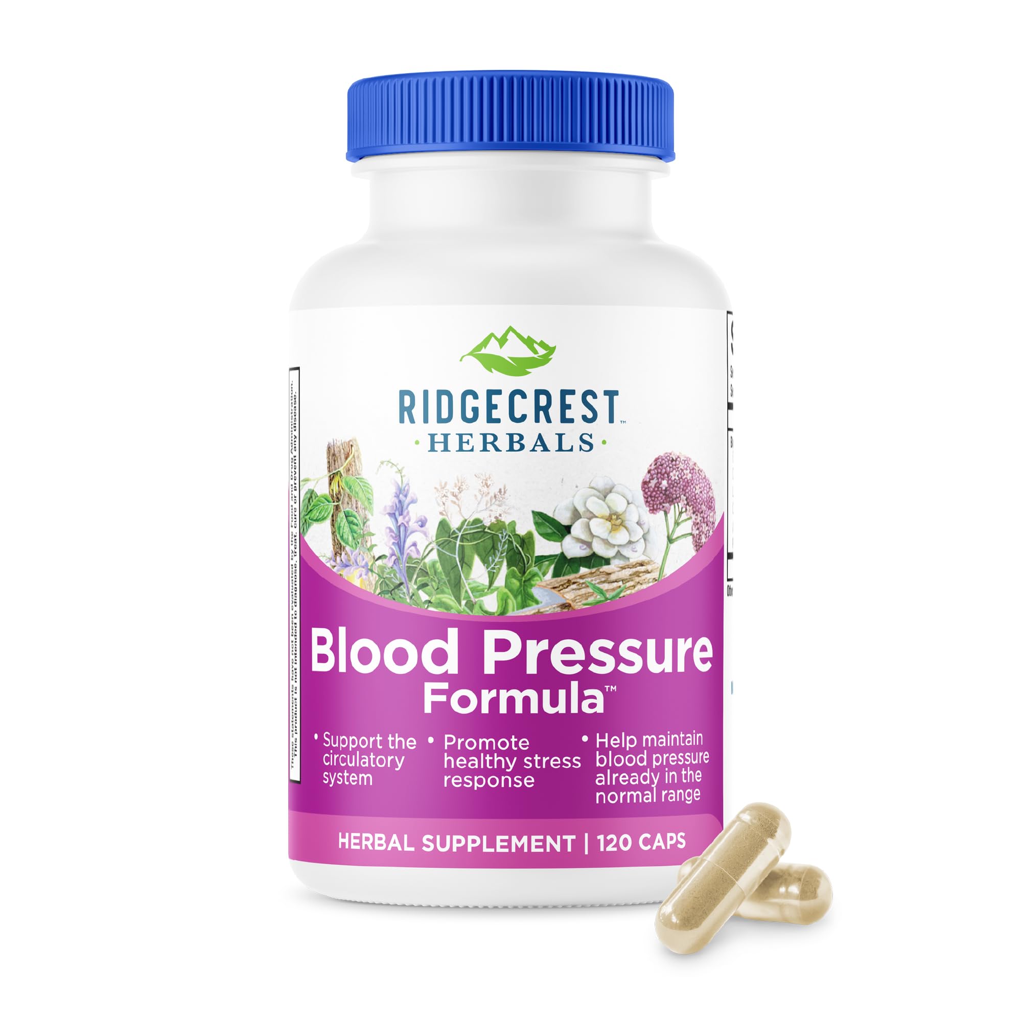 RidgeCrest Herbals fórmula presión arterial, botella, apoyo a la circulación diaria.
