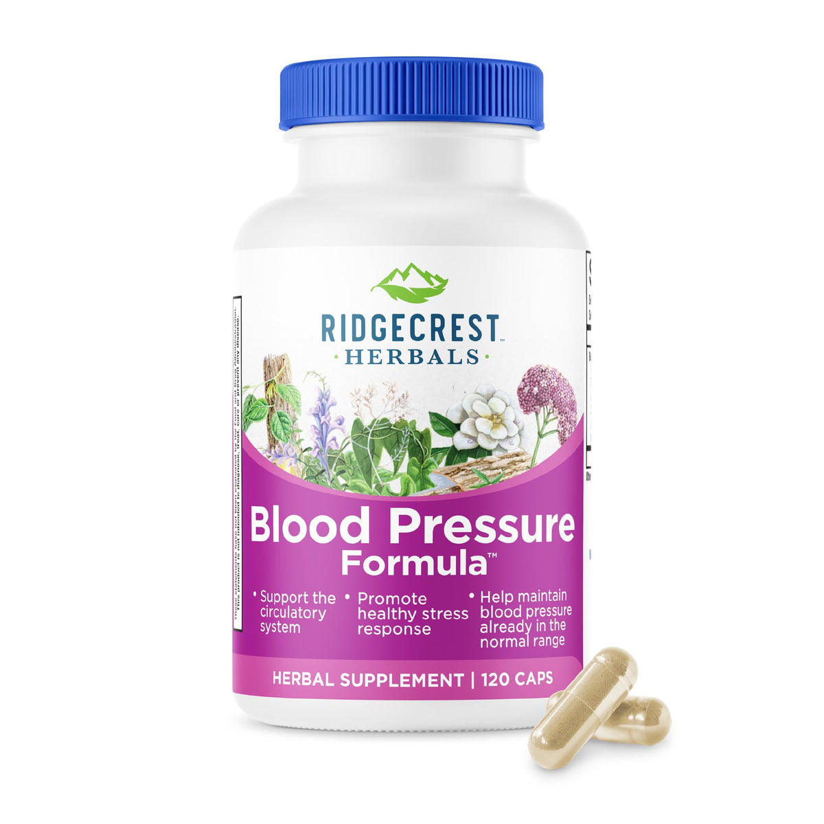 RidgeCrest Herbals fórmula presión arterial, botella, apoyo a la circulación diaria.