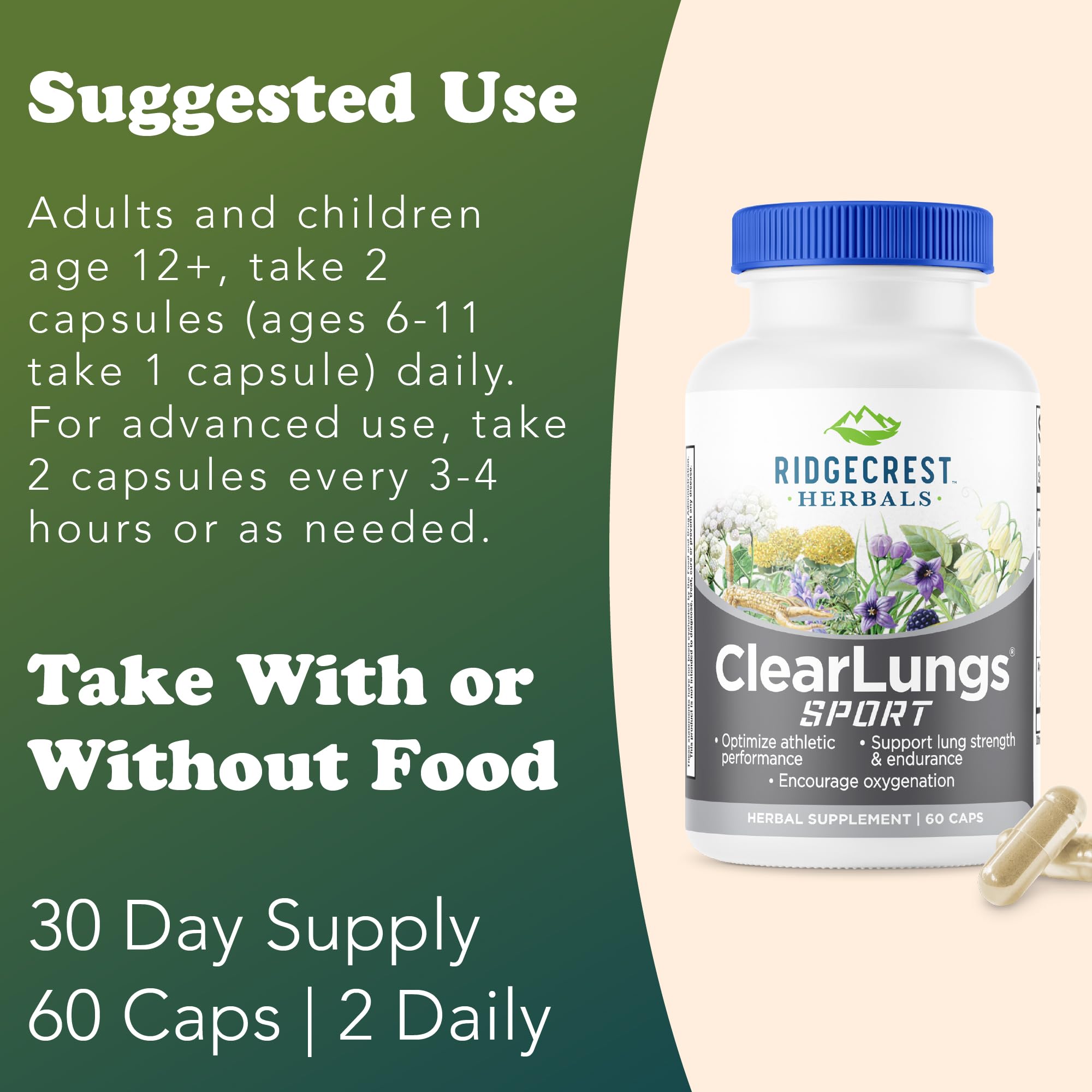 RidgeCrest Herbals ClearLungs Sport etiqueta detalle, contiene cordyceps y rhodiola
