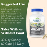 RidgeCrest Herbals ClearLungs Sport etiqueta detalle, contiene cordyceps y rhodiola