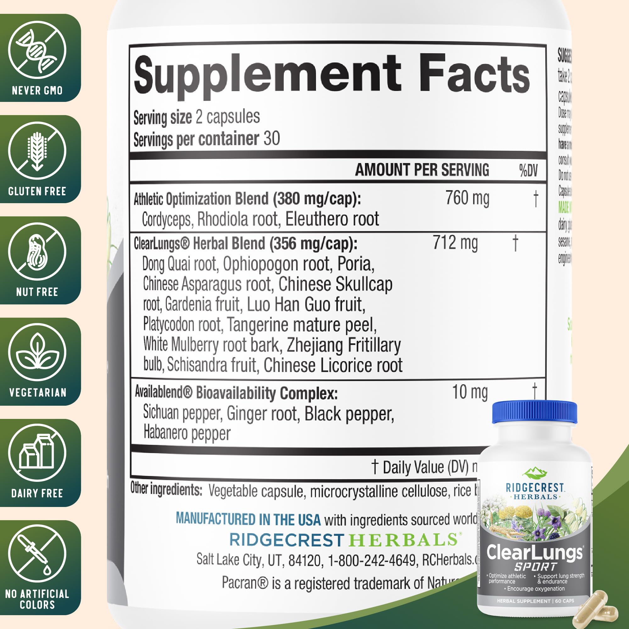 RidgeCrest Herbals ClearLungs Sport etiqueta frontal, información de la marca y producto