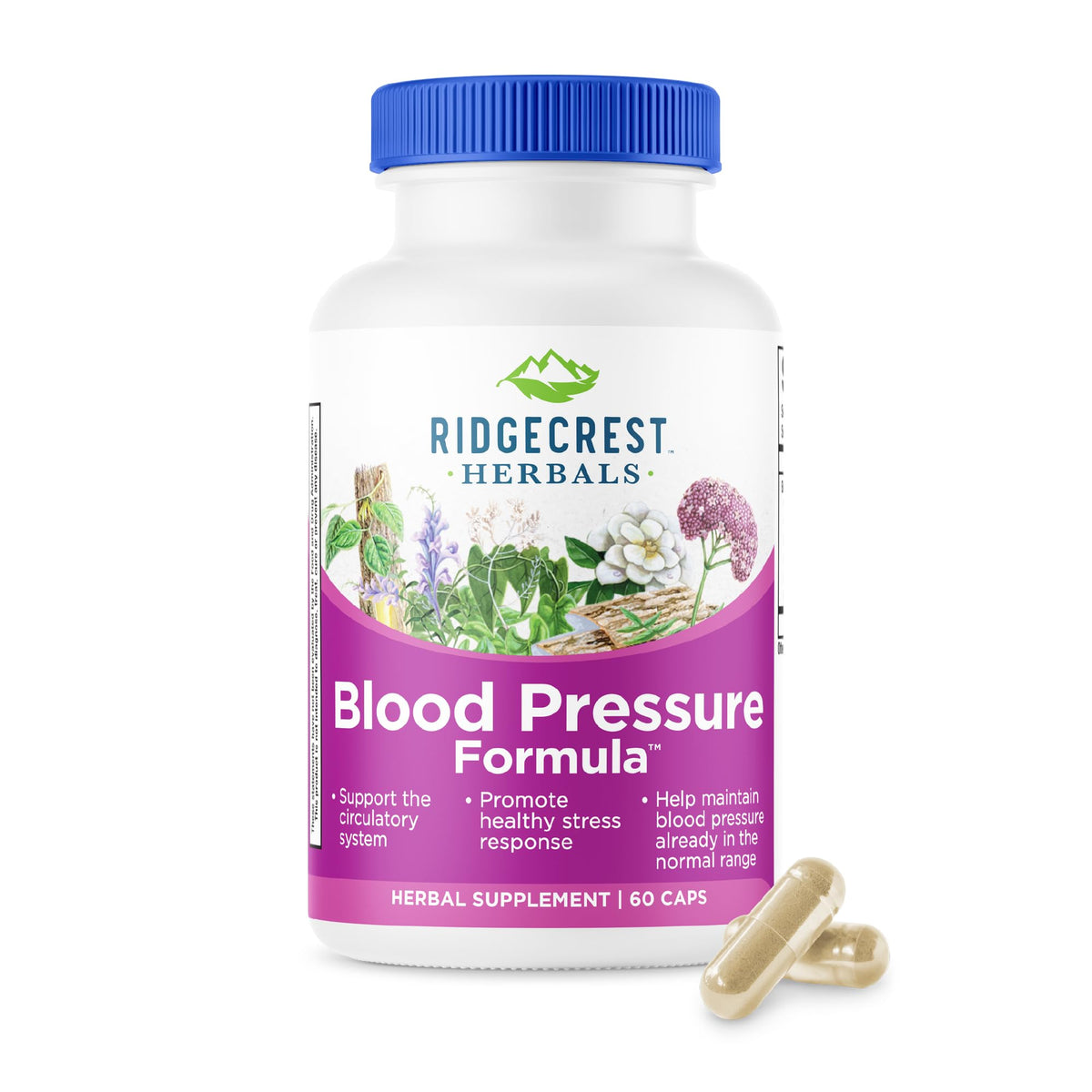 RidgeCrest Herbals Blood Pressure Formula, botella volcando, apoyo posible a la salud circulatoria diaria