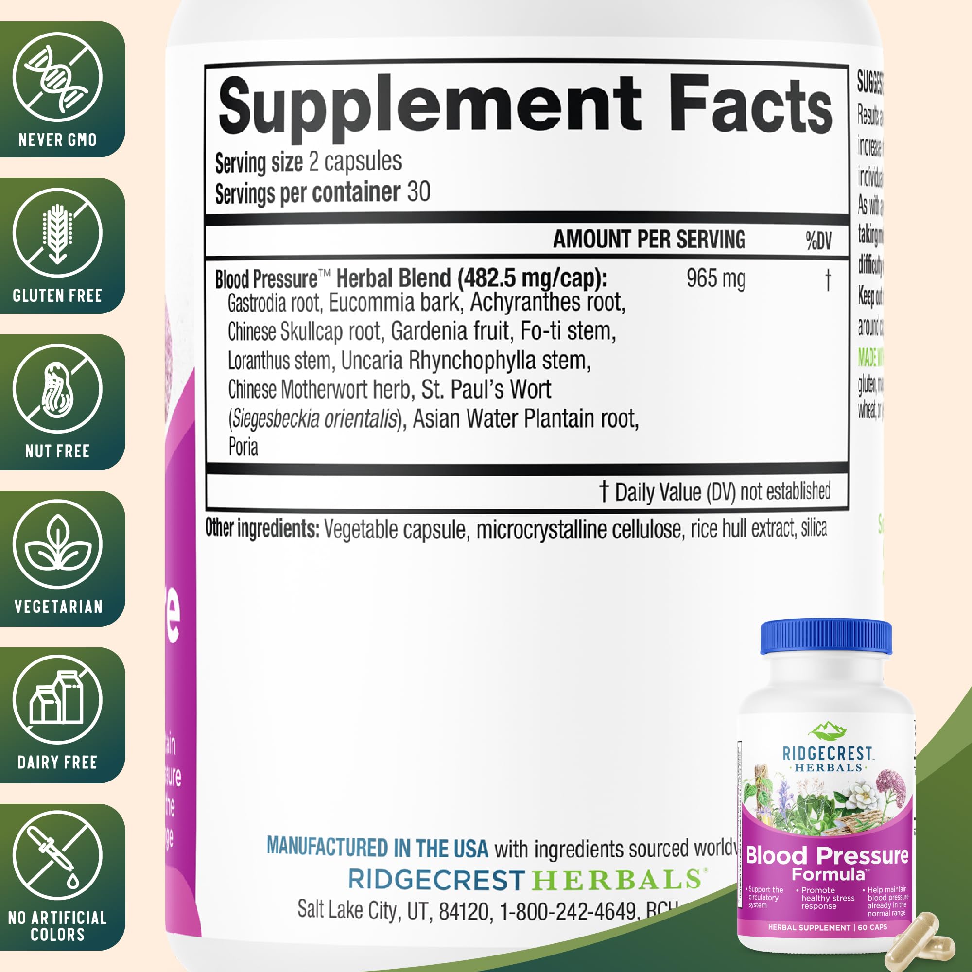 RidgeCrest Herbals Blood Pressure Formula, listado de ingredientes para consulta consciente