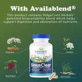 RidgeCrest Herbals SinusClear etiqueta diseñada para lectura y uso responsable.